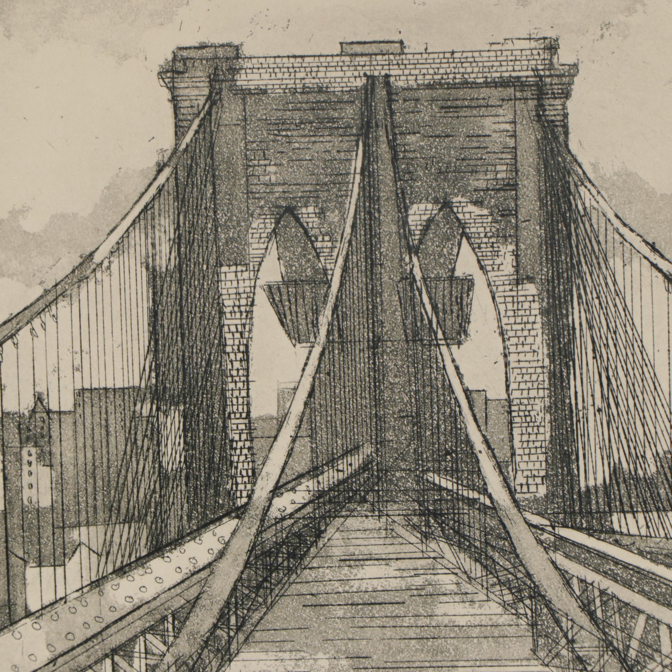 Jack Bilander Aquatint Etching "Brooklyn Bridge," 1981