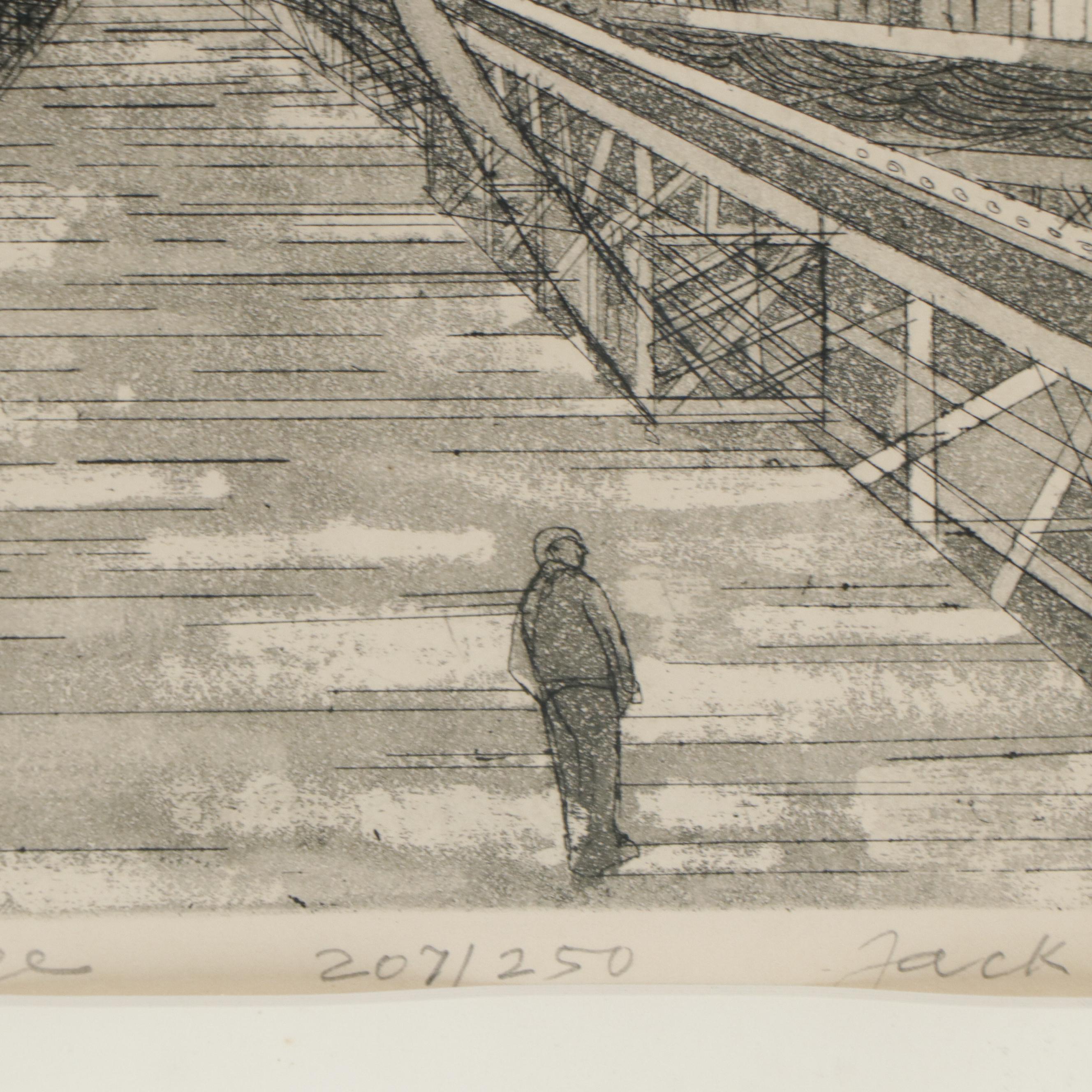 Jack Bilander Aquatint Etching "Brooklyn Bridge," 1981