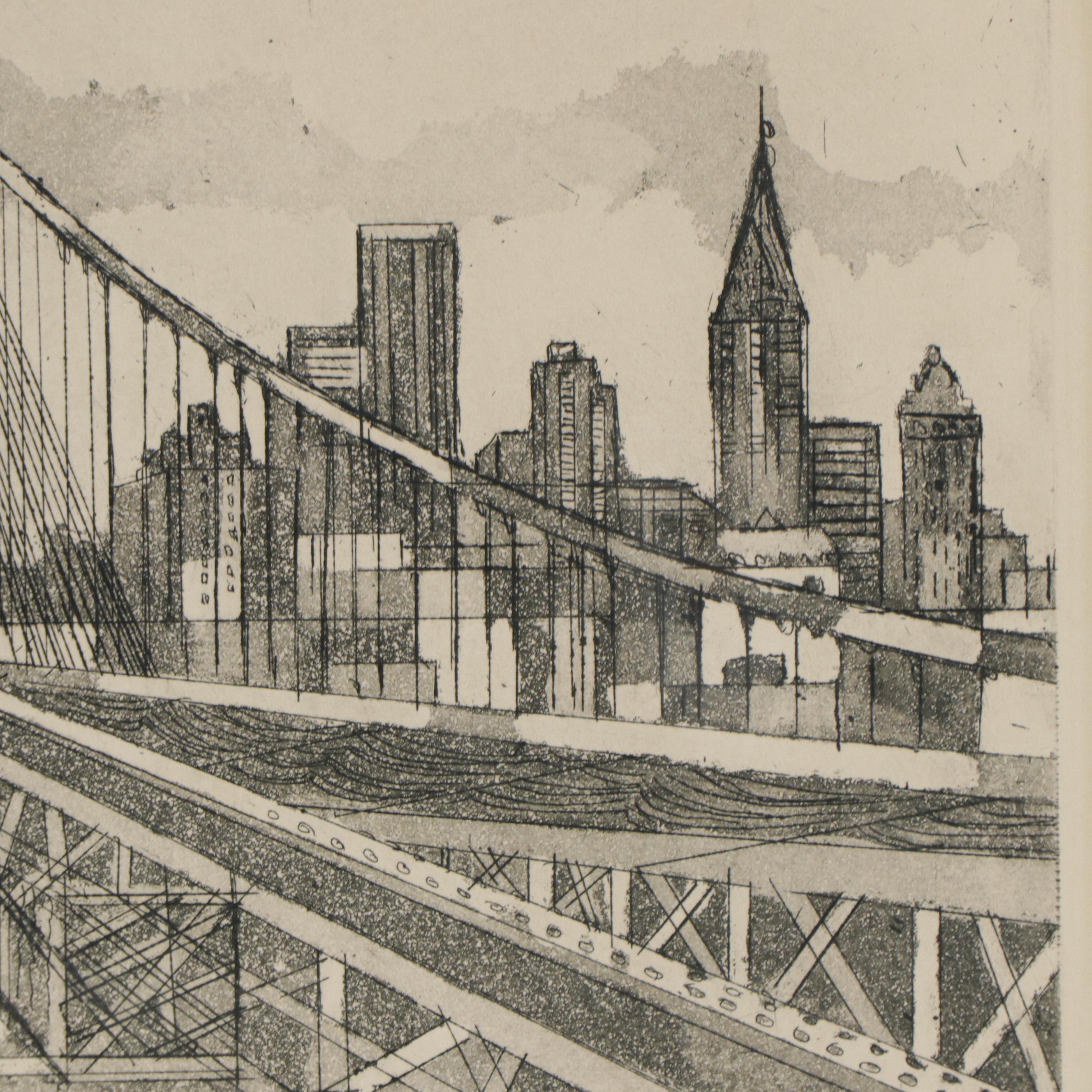 Jack Bilander Aquatint Etching "Brooklyn Bridge," 1981