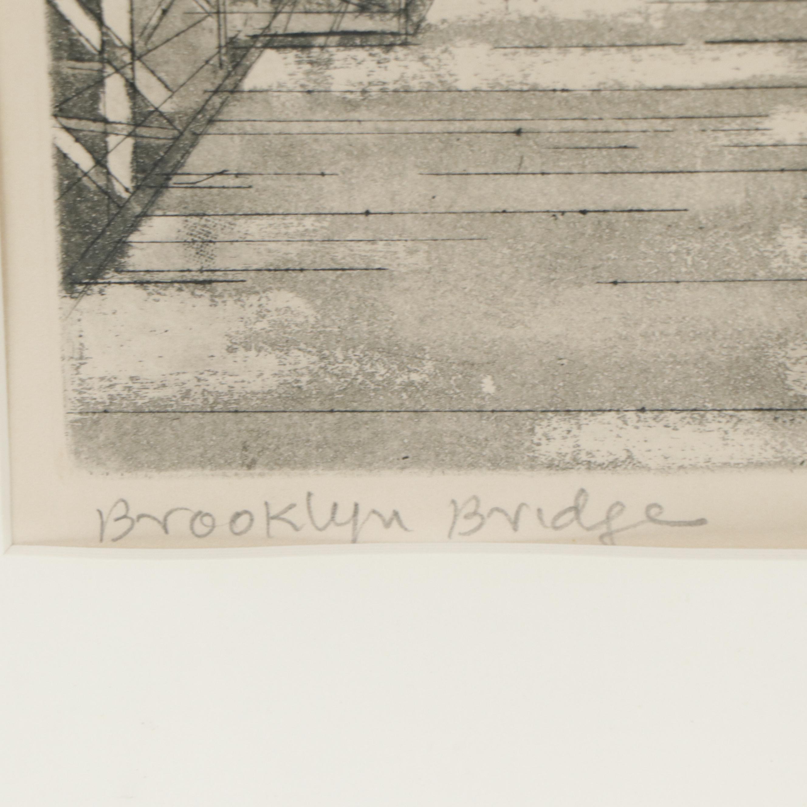 Jack Bilander Aquatint Etching "Brooklyn Bridge," 1981