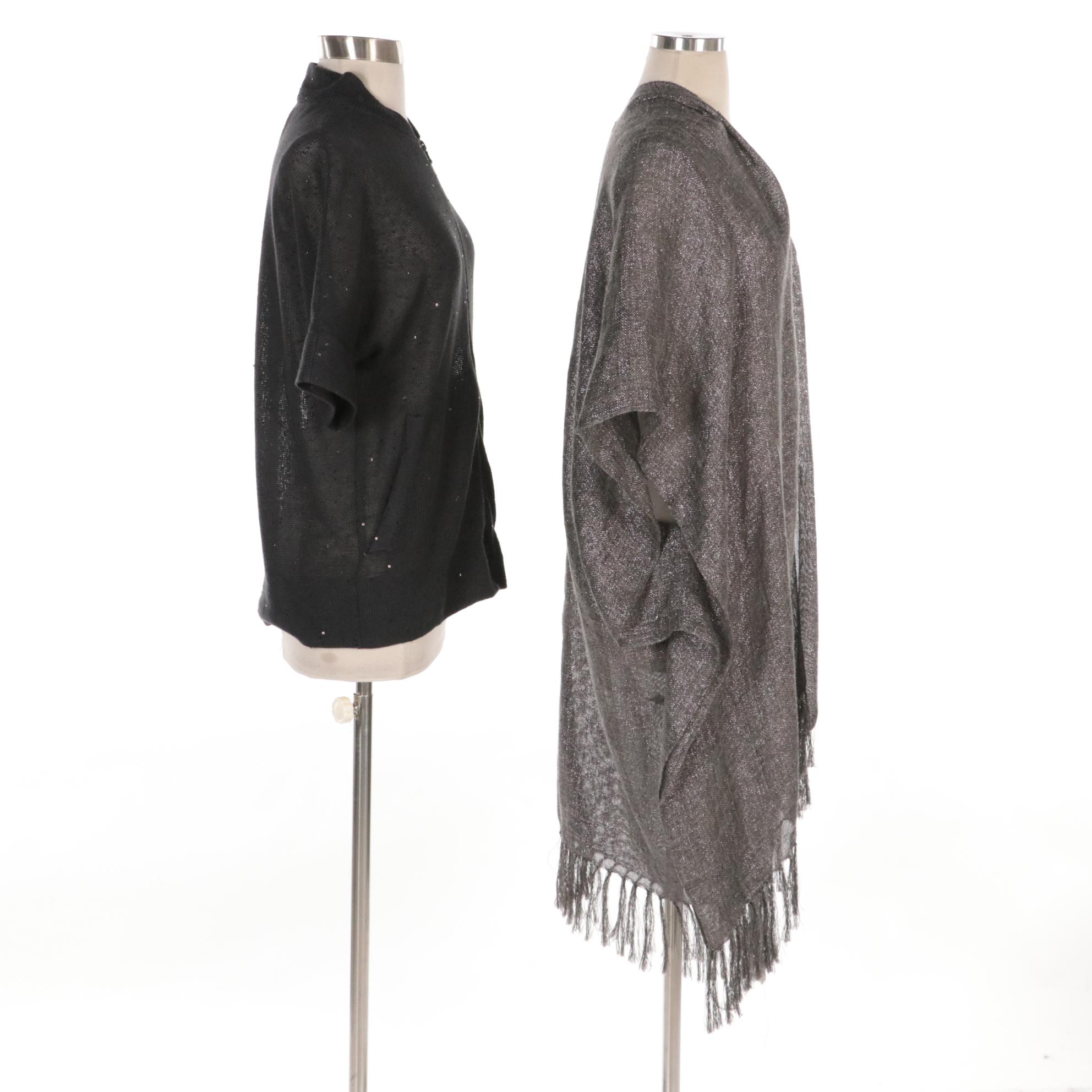 Bruno Cucinelli Embellished Knit Zip-Front Sweater and Metallic Fringe Poncho