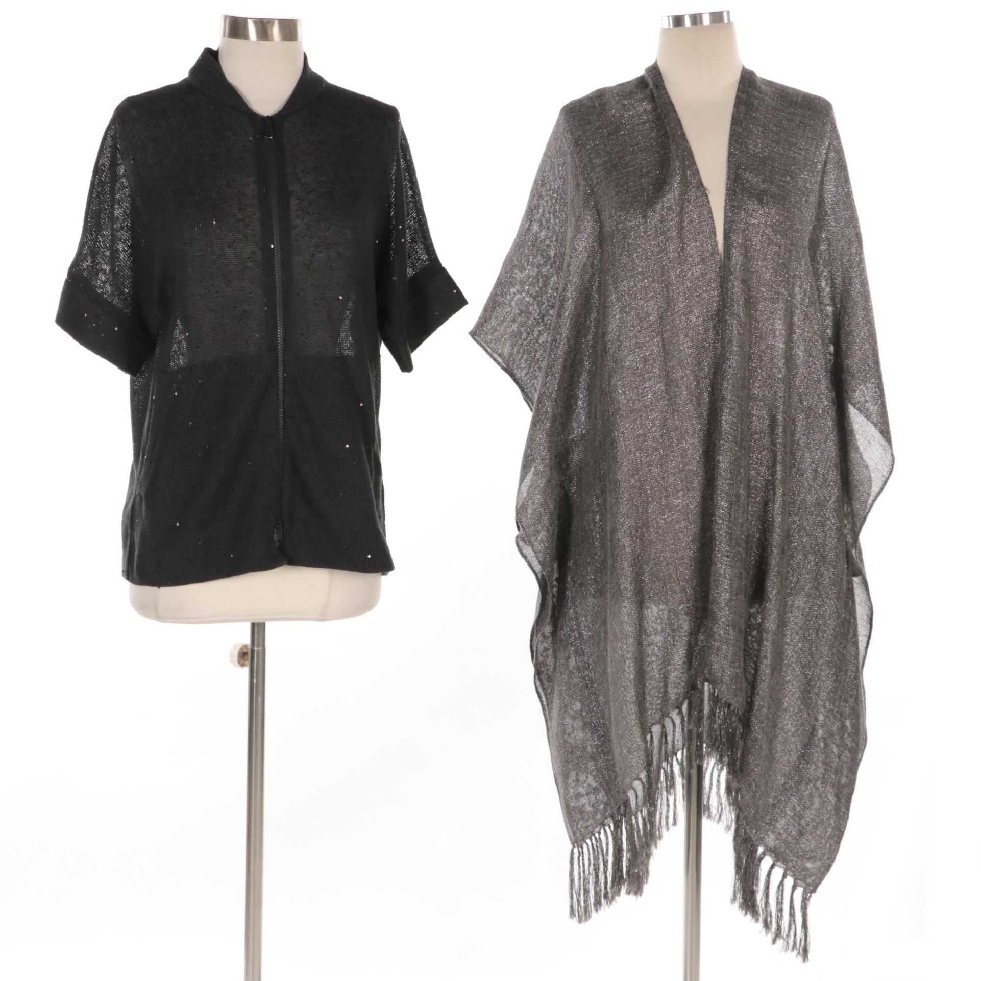 Bruno Cucinelli Embellished Knit Zip-Front Sweater and Metallic Fringe Poncho