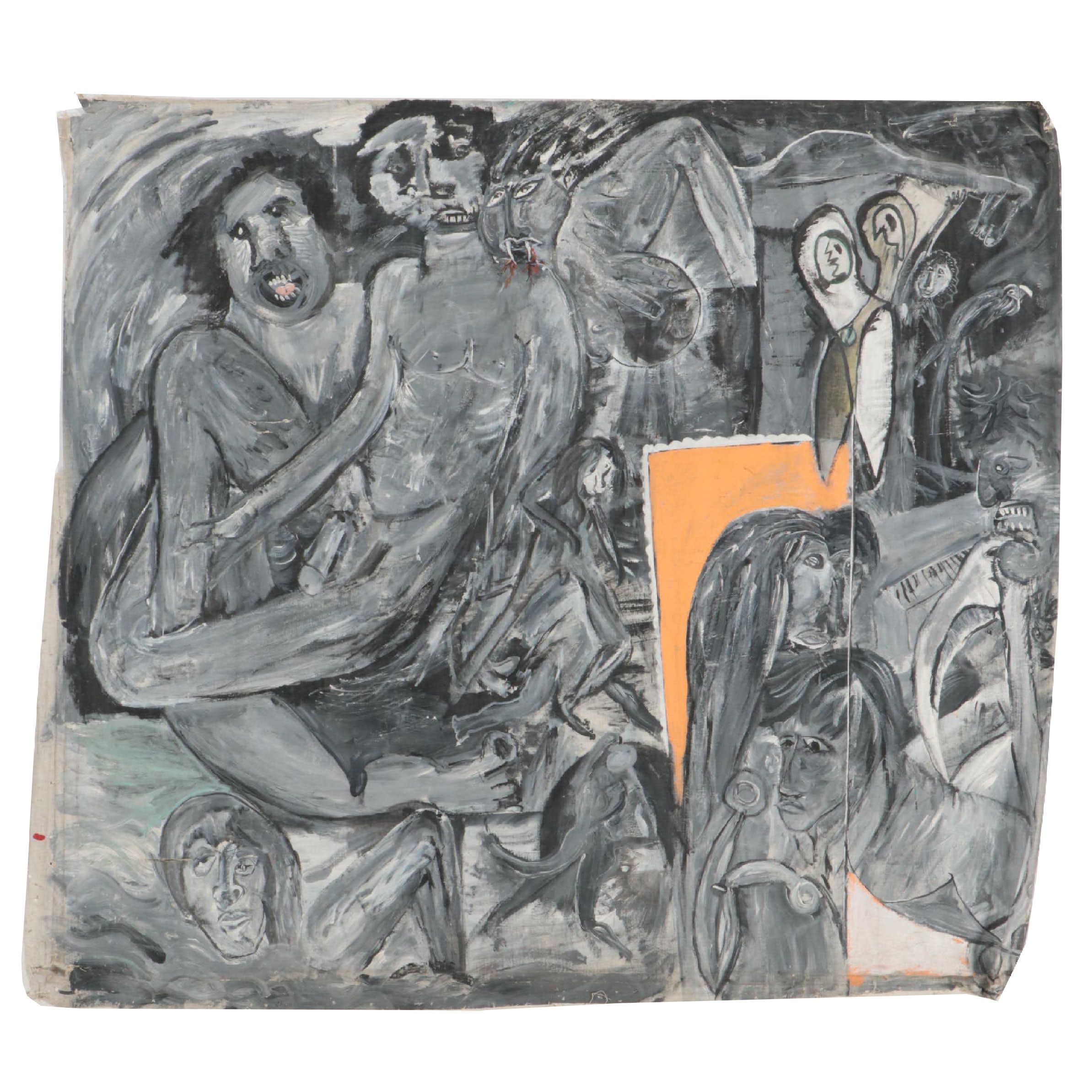 Abstract Expressionist En Grisaille Oil Painting