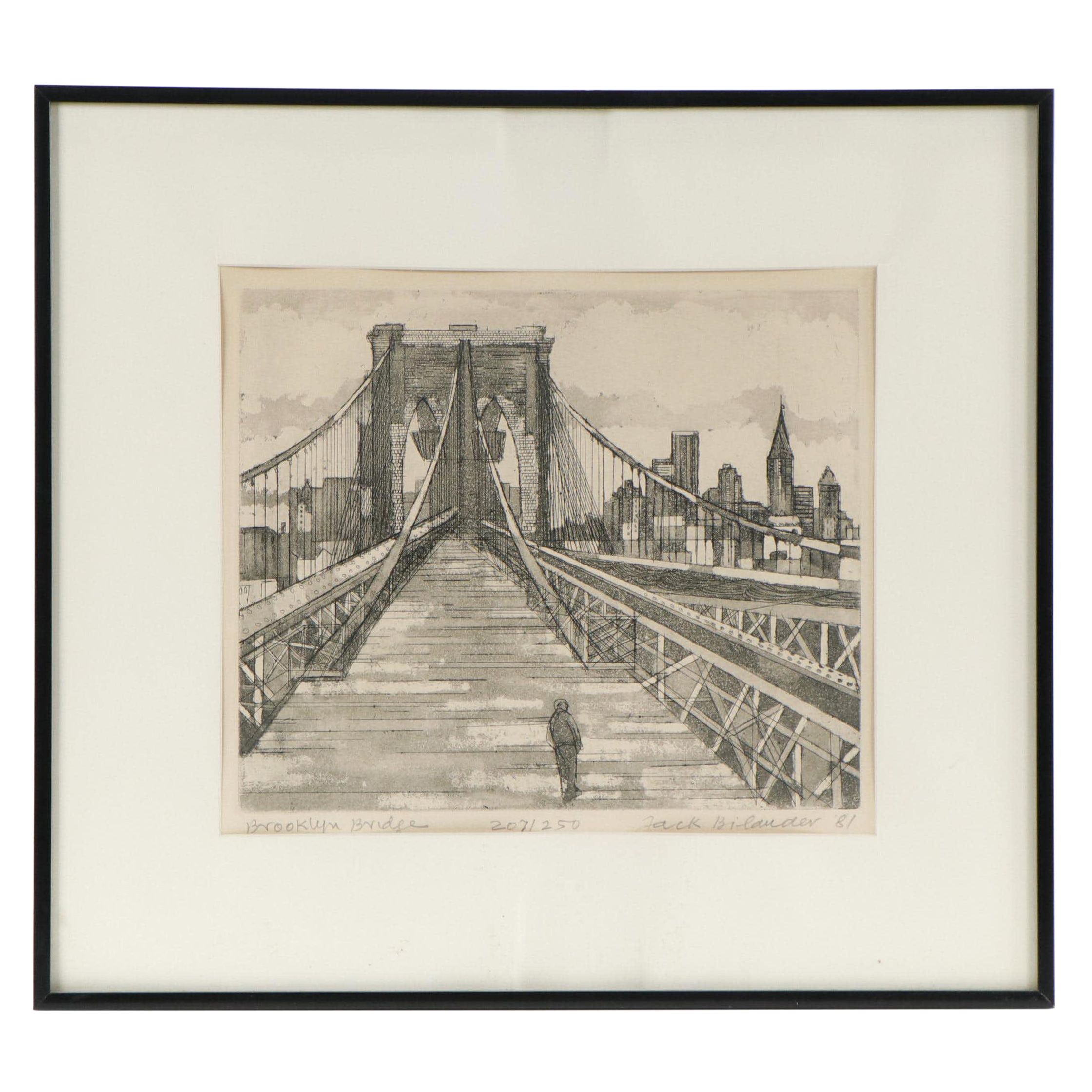 Jack Bilander Aquatint Etching "Brooklyn Bridge," 1981