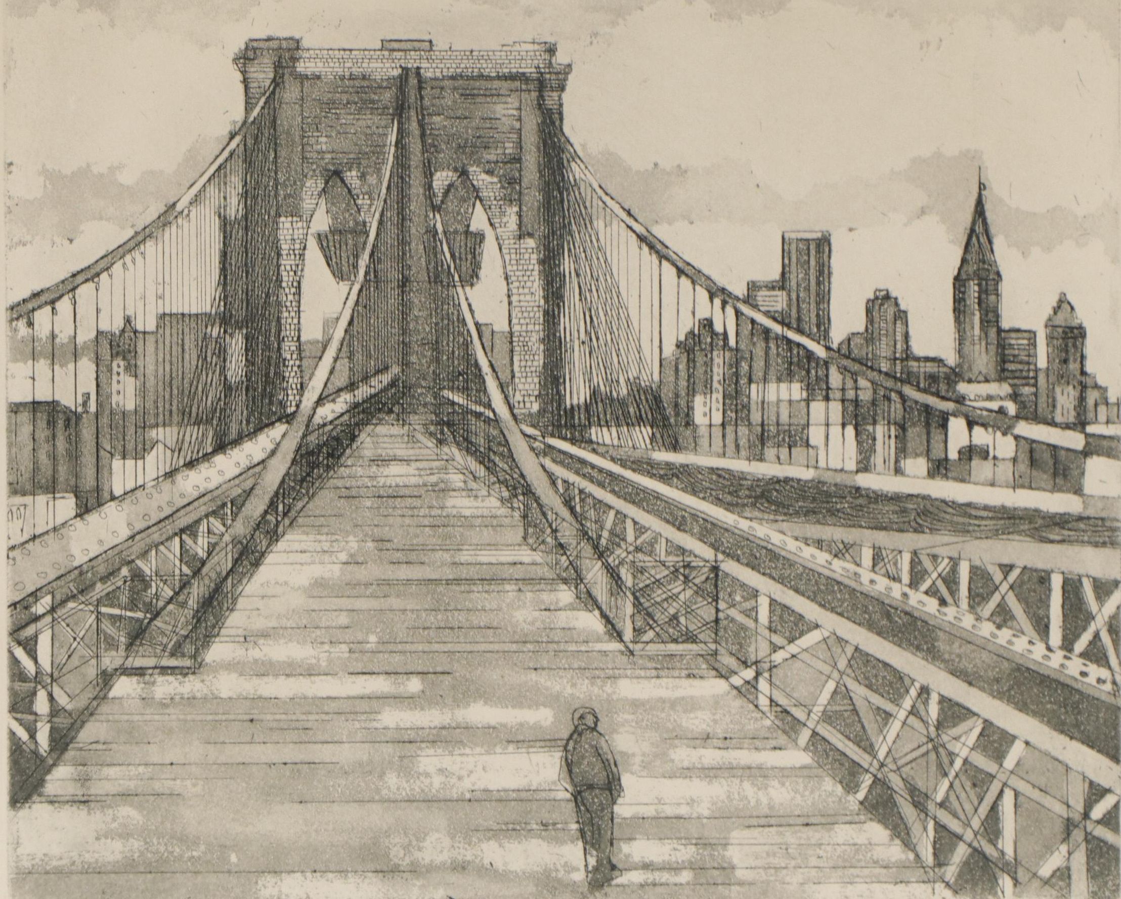 Jack Bilander Aquatint Etching "Brooklyn Bridge," 1981