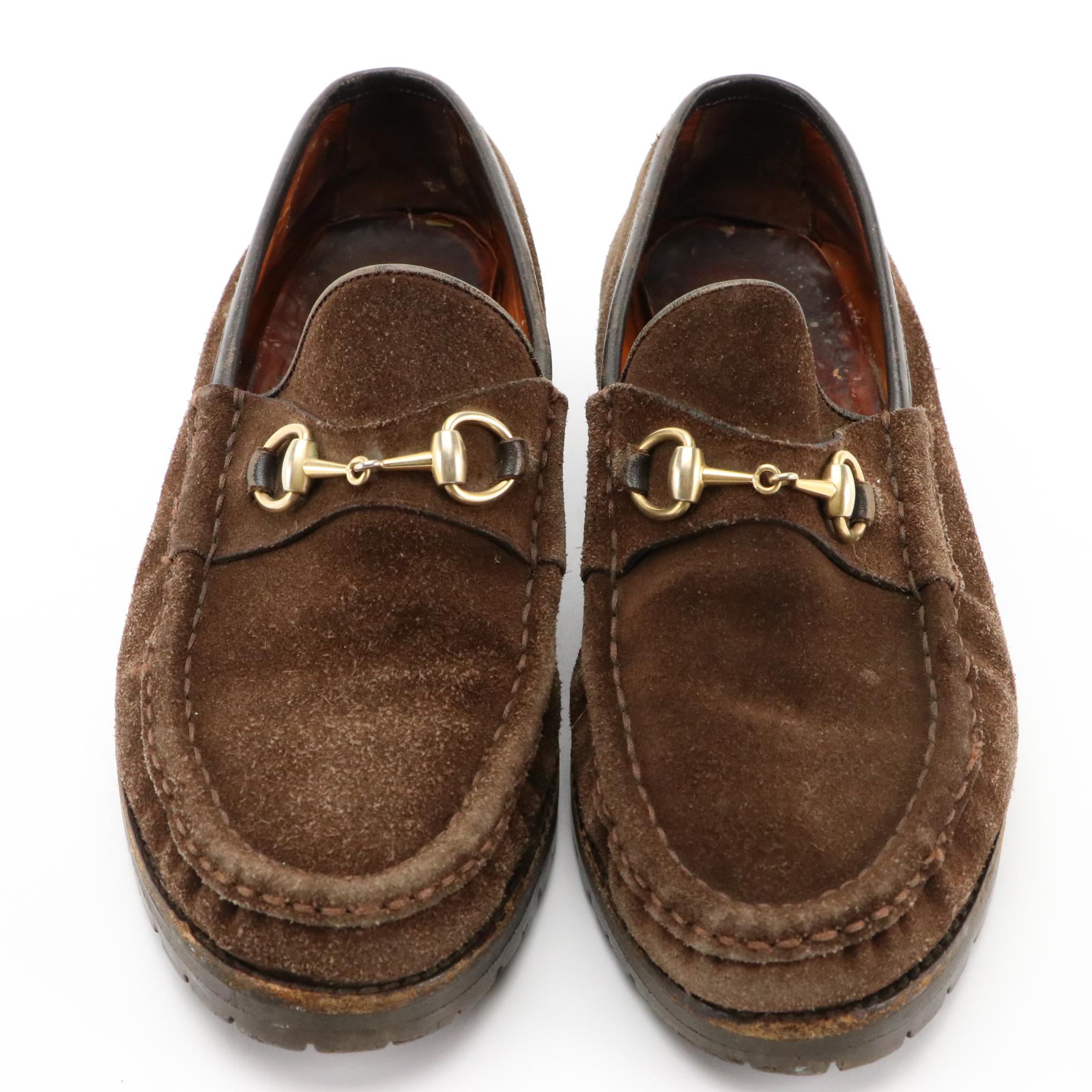 Gucci Brown Suede Horsebit Accent Loafers