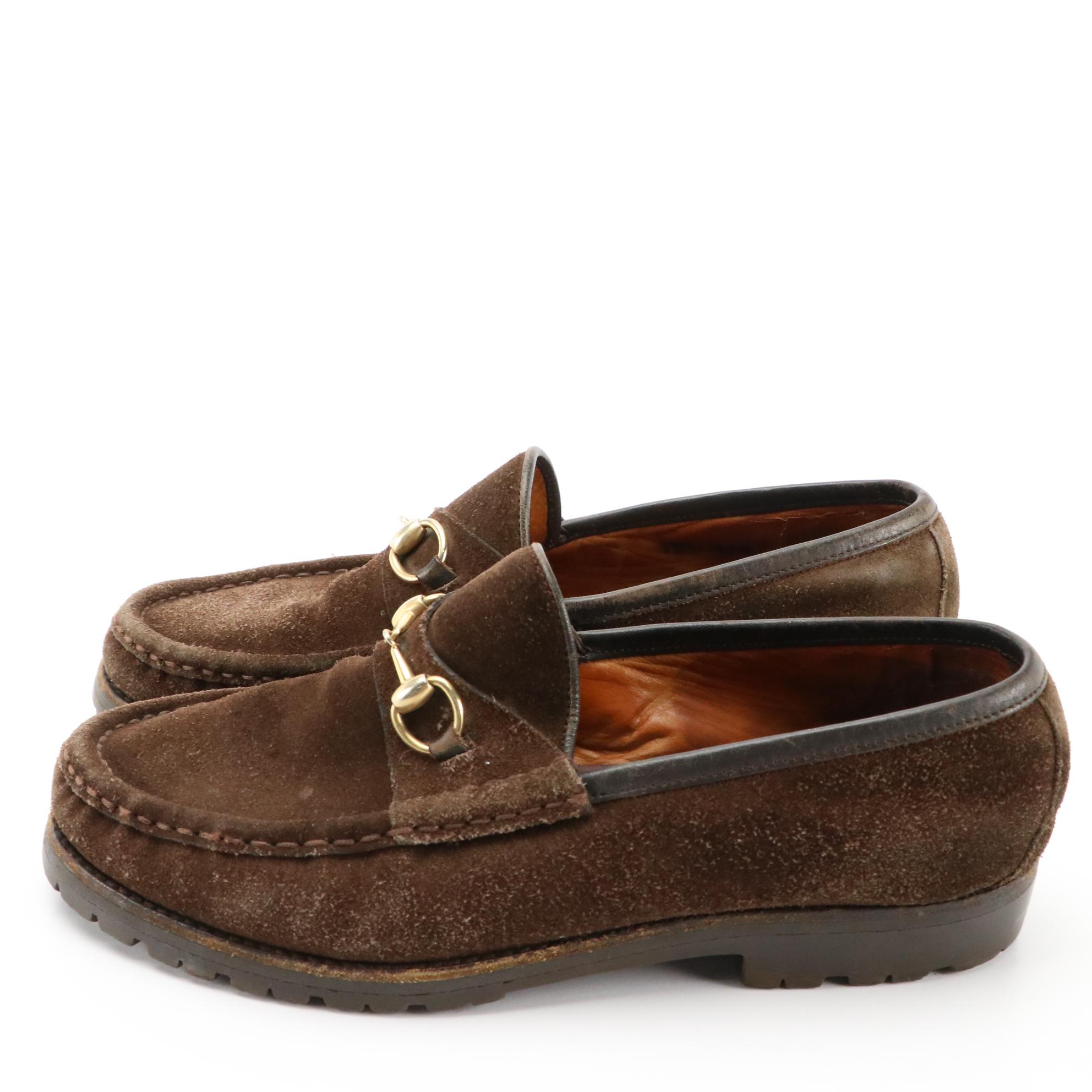 Gucci Brown Suede Horsebit Accent Loafers