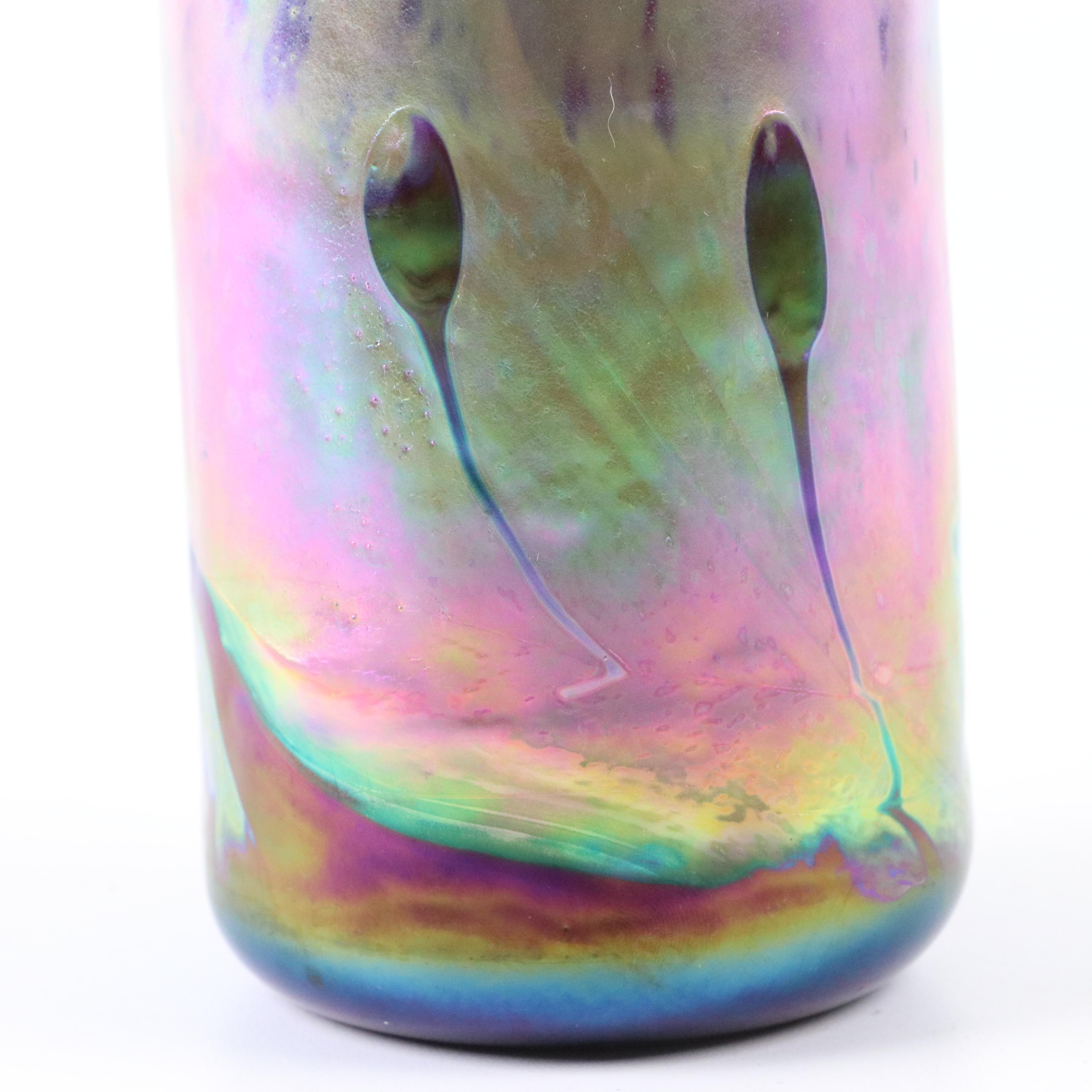 Tom Philabaum Handblown Iridescent Studio Art Glass Cylinder Vase, 1995