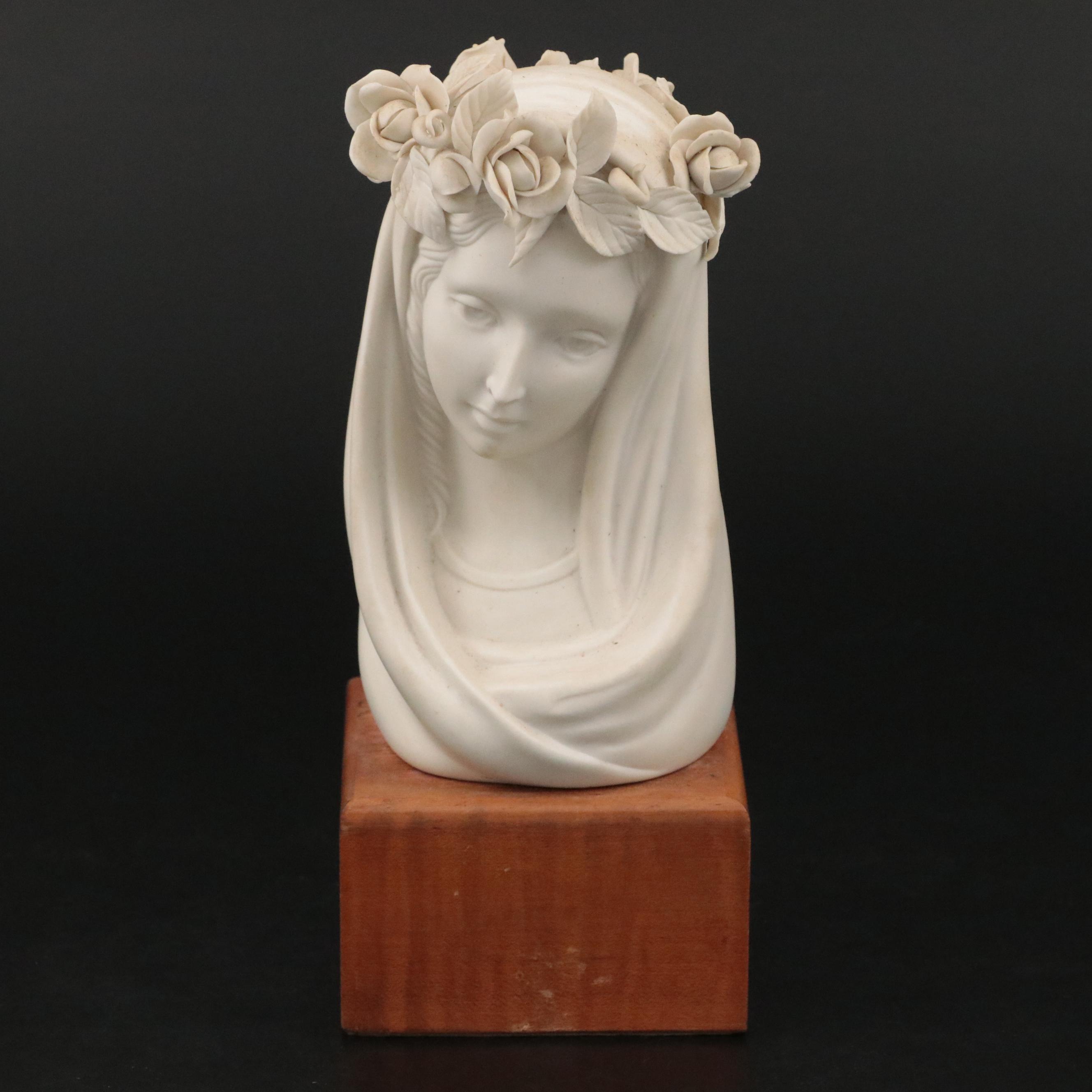 Cybis Porcelain "Madonna, Queen of Angels" Bust on Wood Plinth