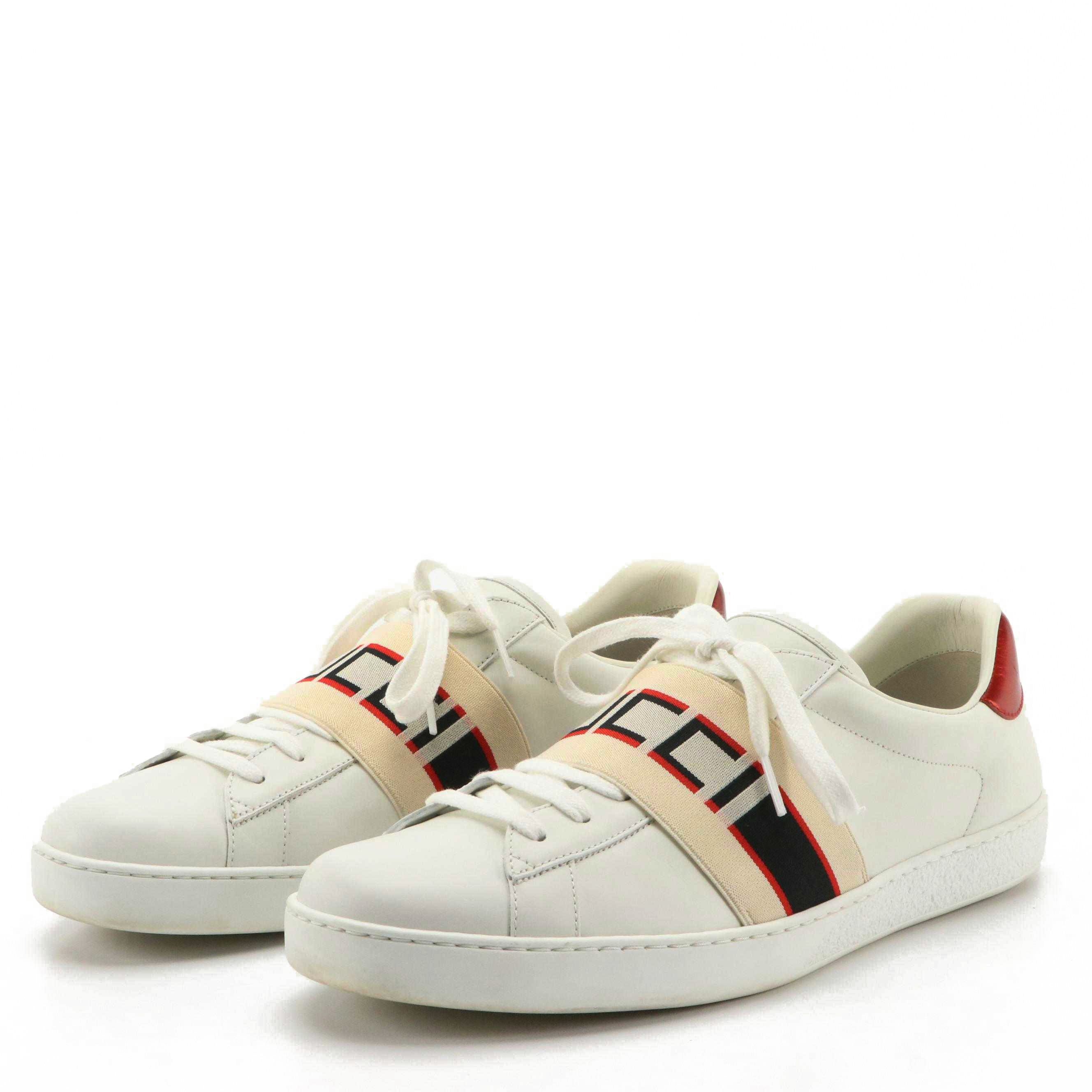 Men's Gucci Ace White Leather Ivory Stripe Low Top Sneakers
