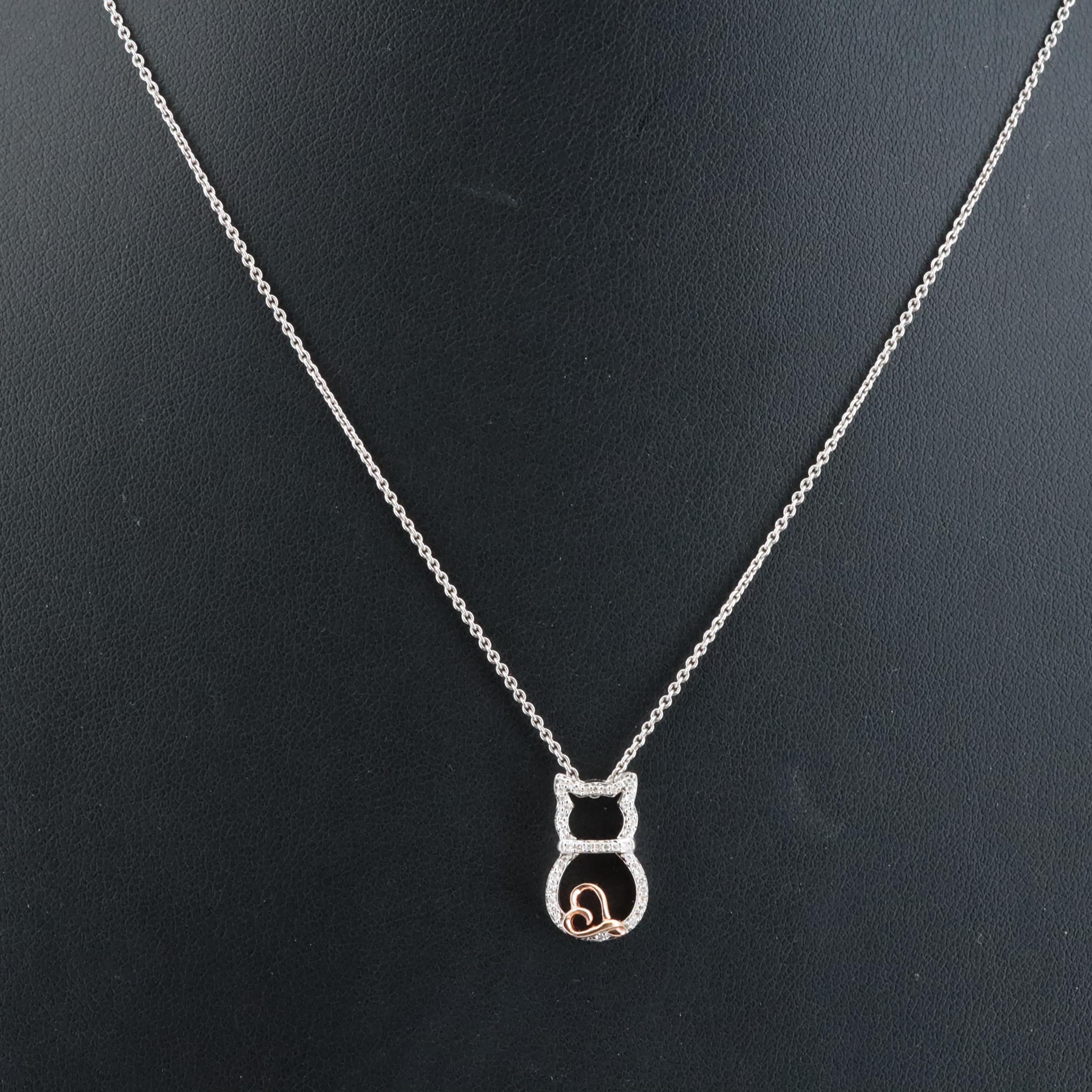 Sterling Diamond Cat Pendant Necklace