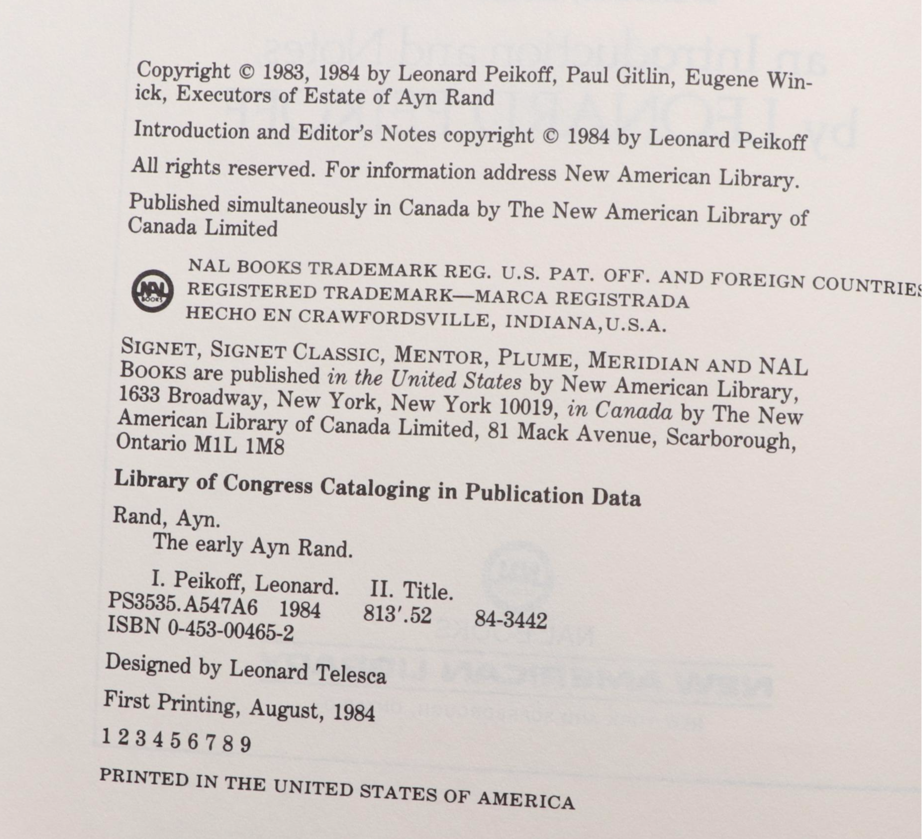 First Edition "The Early Ayn Rand" Edited by Leonard Peikoff and More