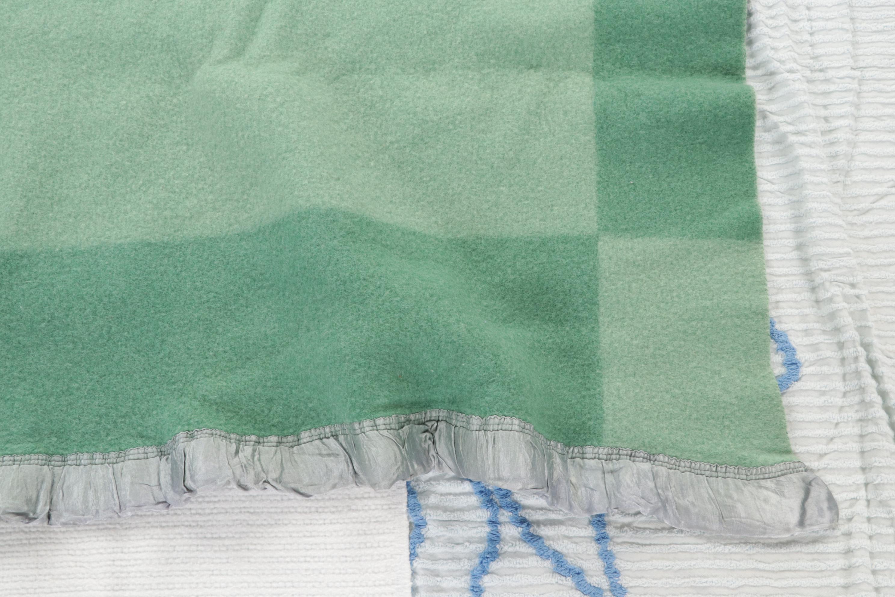 Wool Blanket with Satin Trim, Waffle Weave Blanket, and Chenille Bedspread