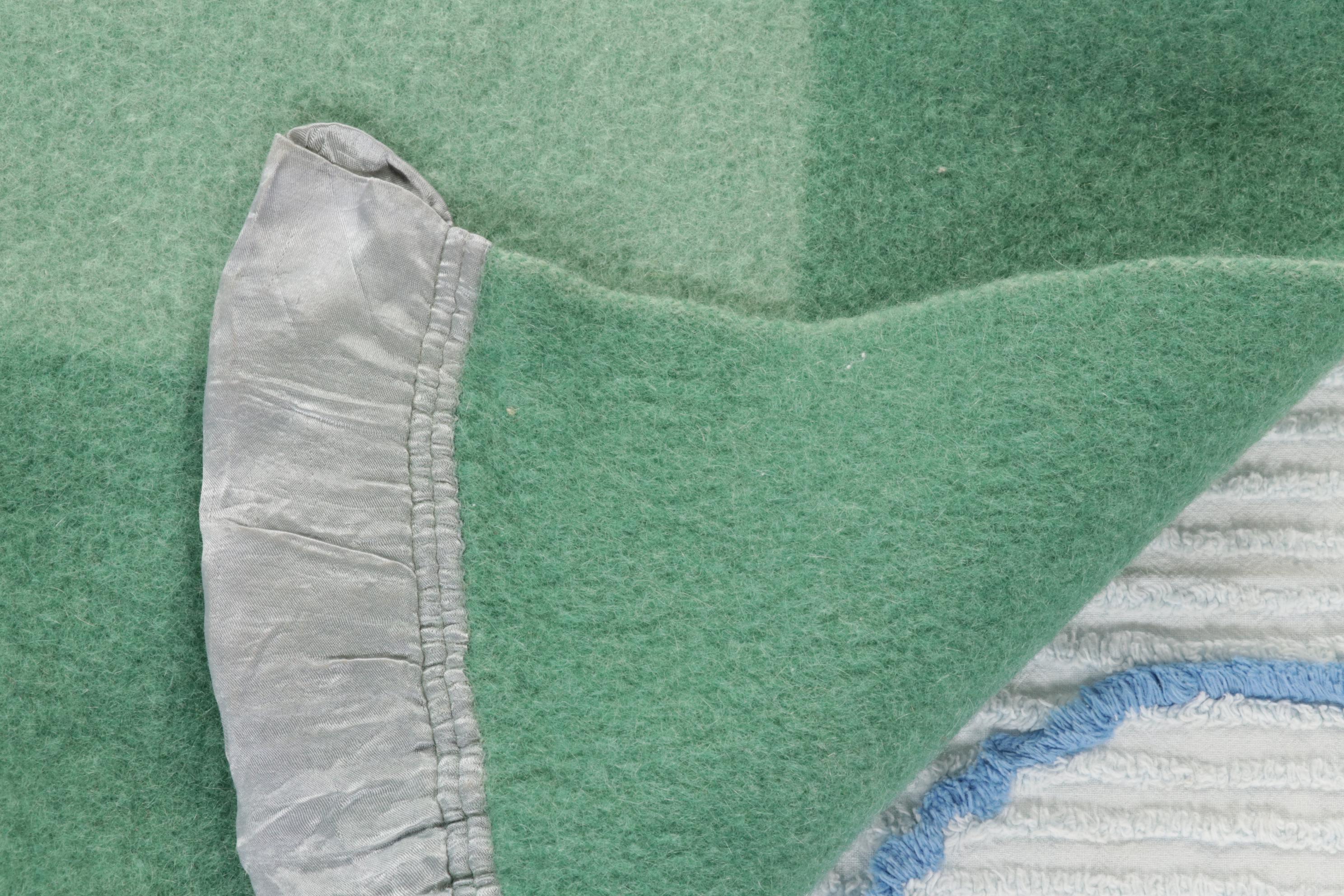 Wool Blanket with Satin Trim, Waffle Weave Blanket, and Chenille Bedspread