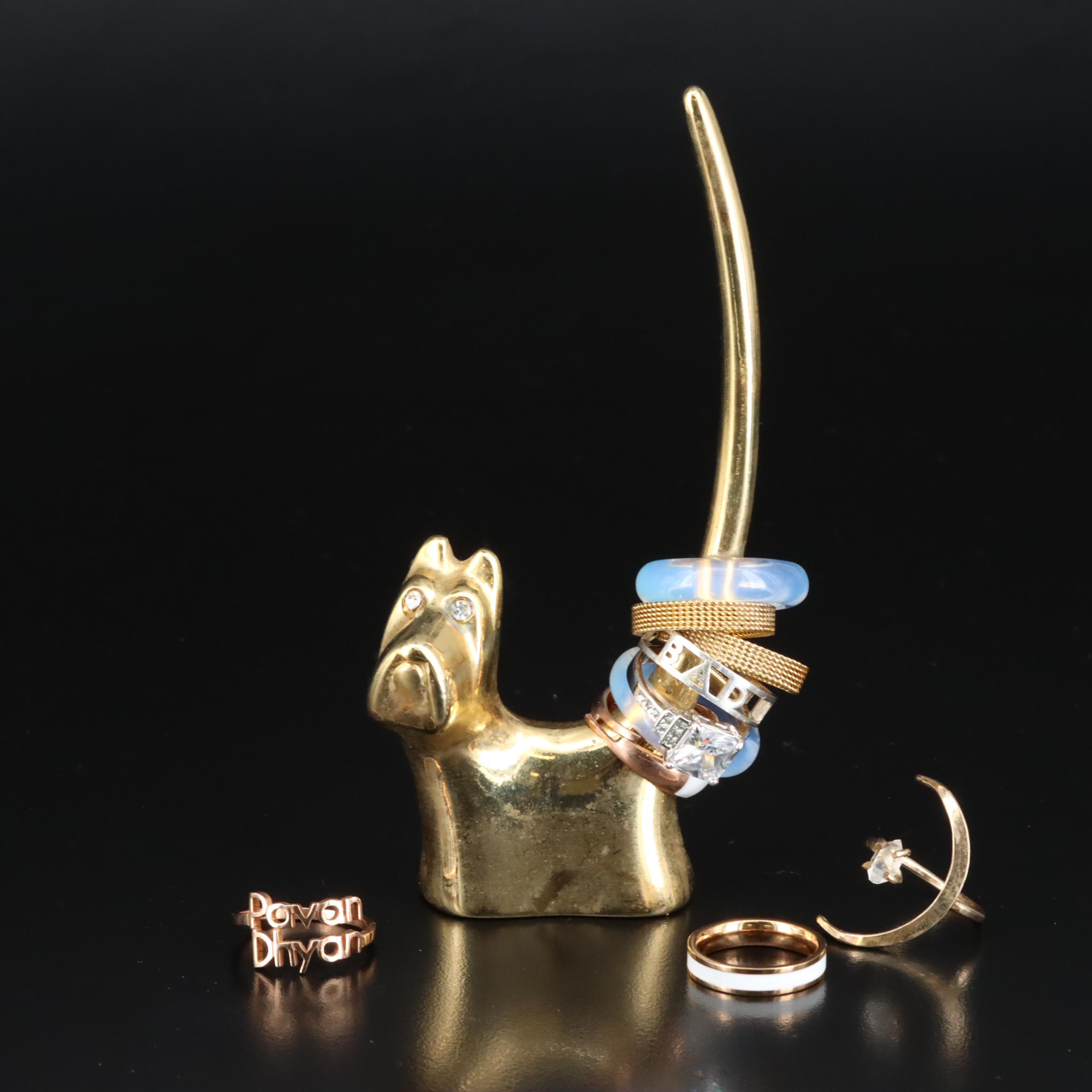 Brass Terrier Ring Stand with Rhinestone, Quartz and CZ  Stacked Rings