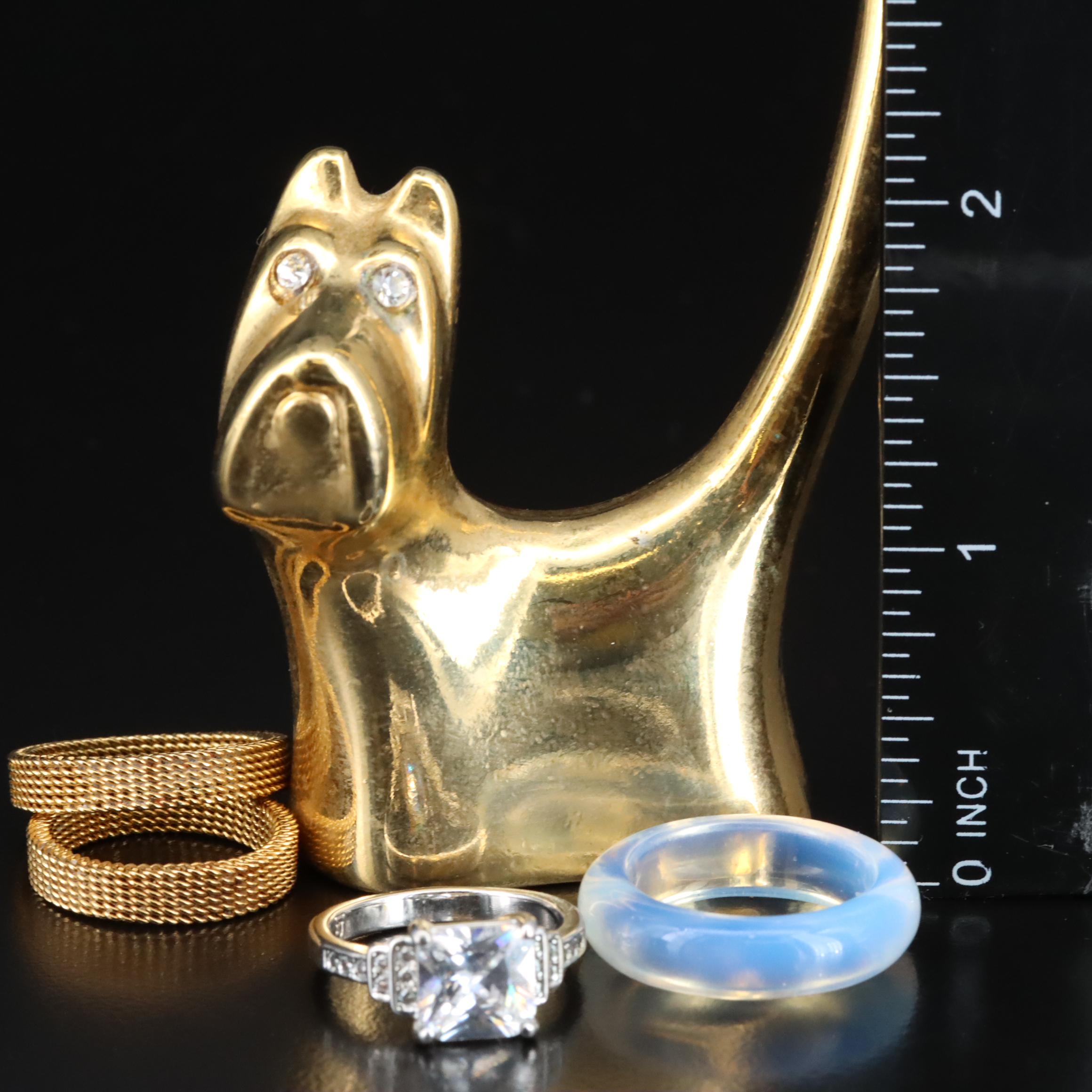 Brass Terrier Ring Stand with Rhinestone, Quartz and CZ  Stacked Rings