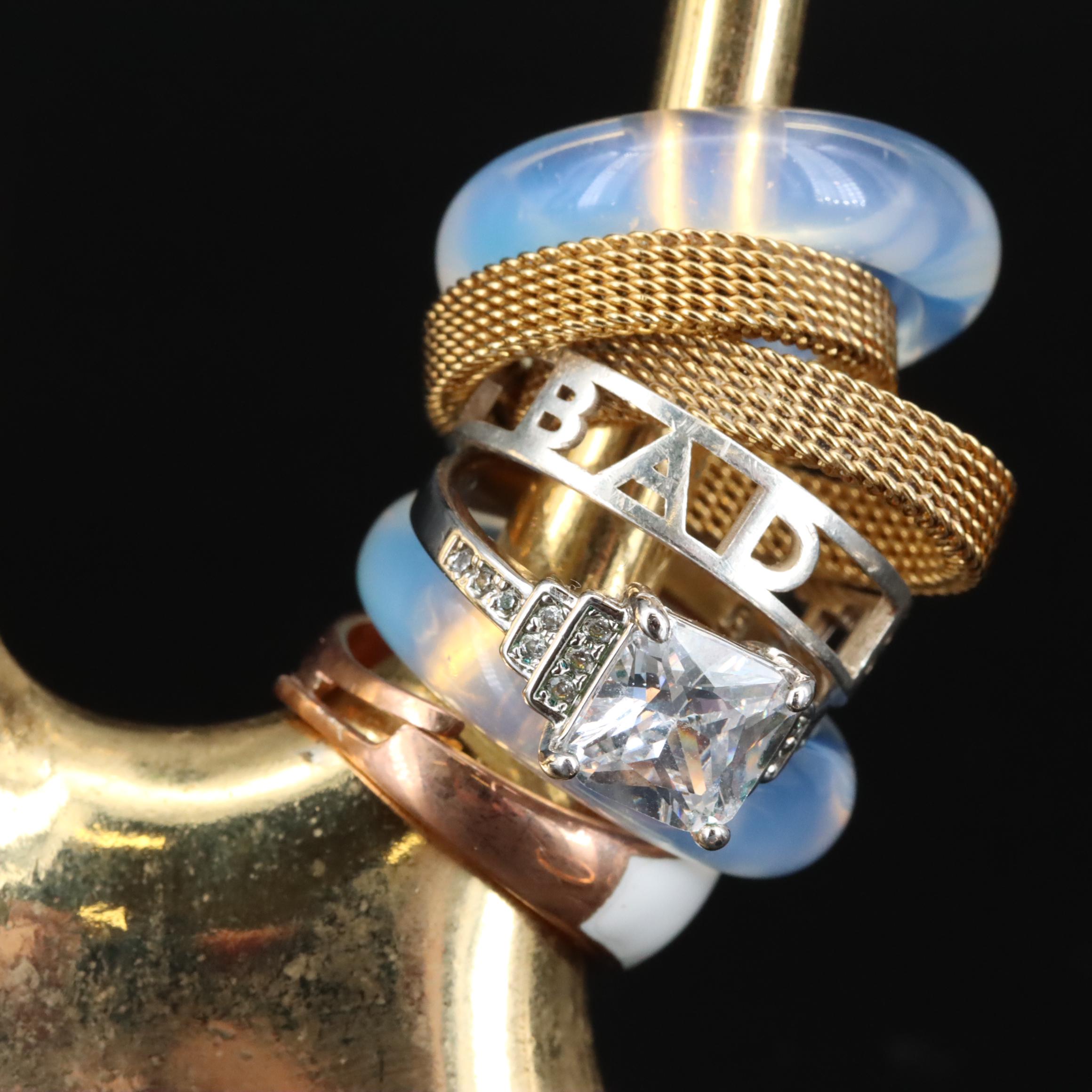 Brass Terrier Ring Stand with Rhinestone, Quartz and CZ  Stacked Rings