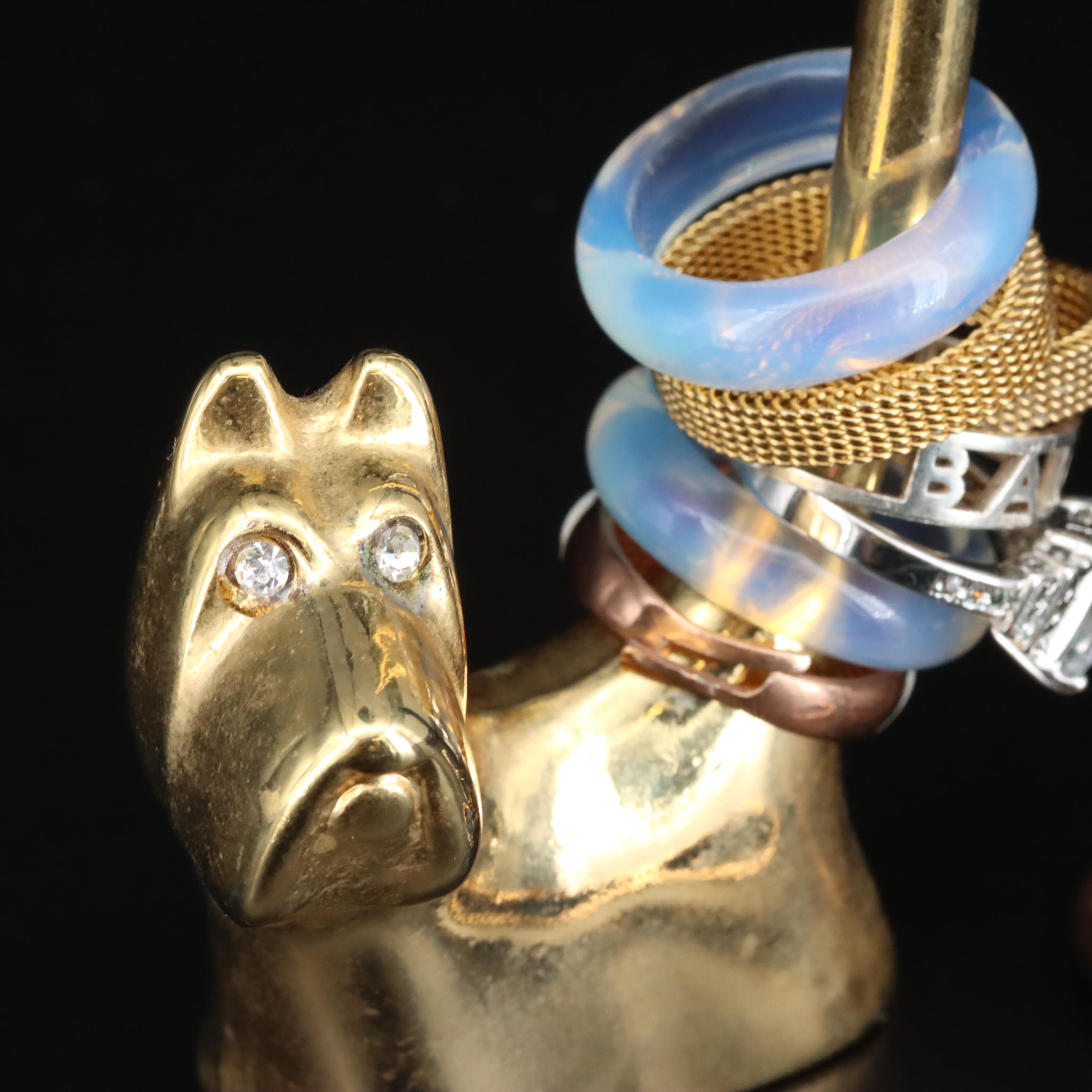 Brass Terrier Ring Stand with Rhinestone, Quartz and CZ  Stacked Rings