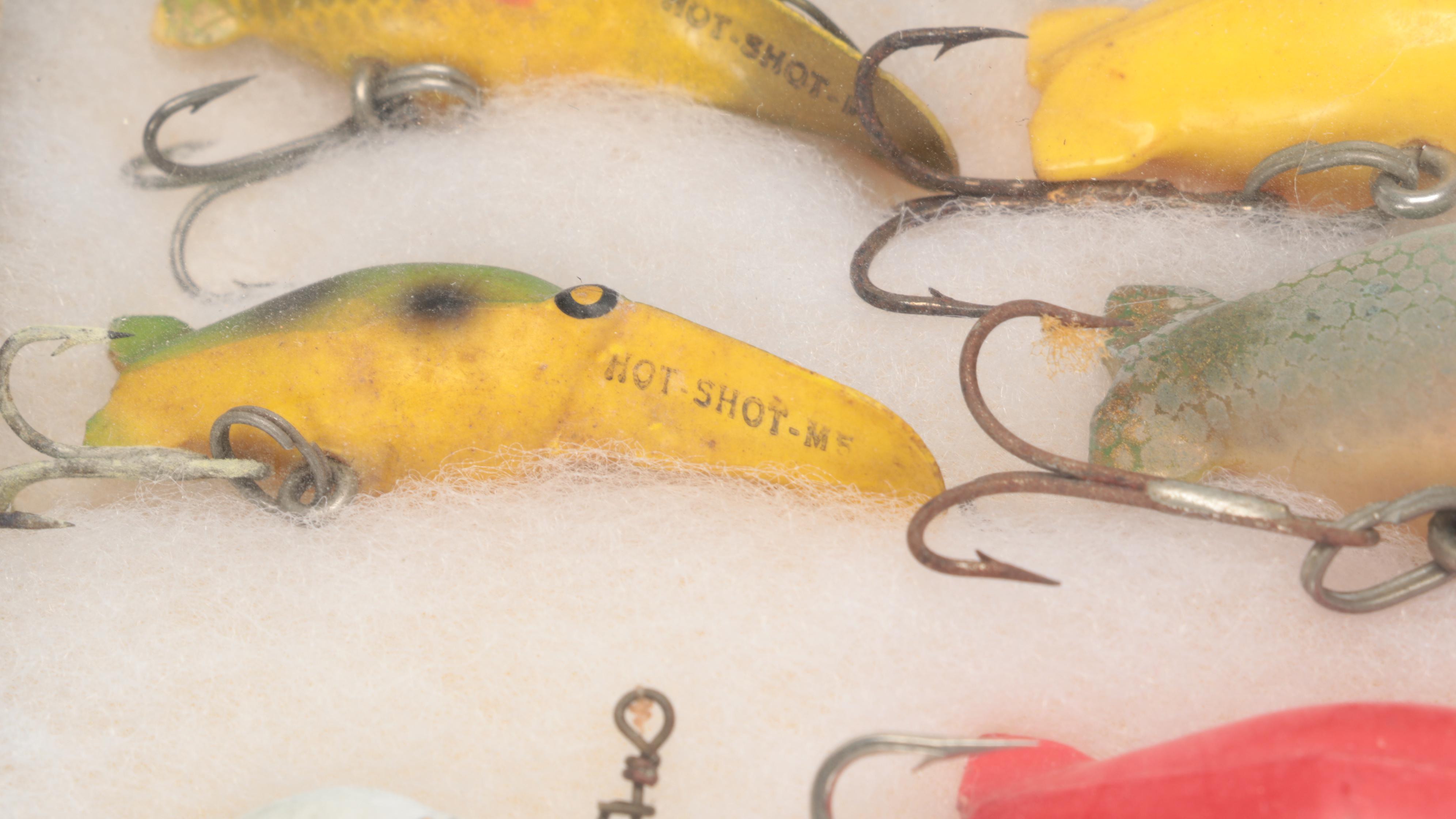 Hot-Shot M5 and Other Fishing Lures and Flies in Clear Tackle Boxes