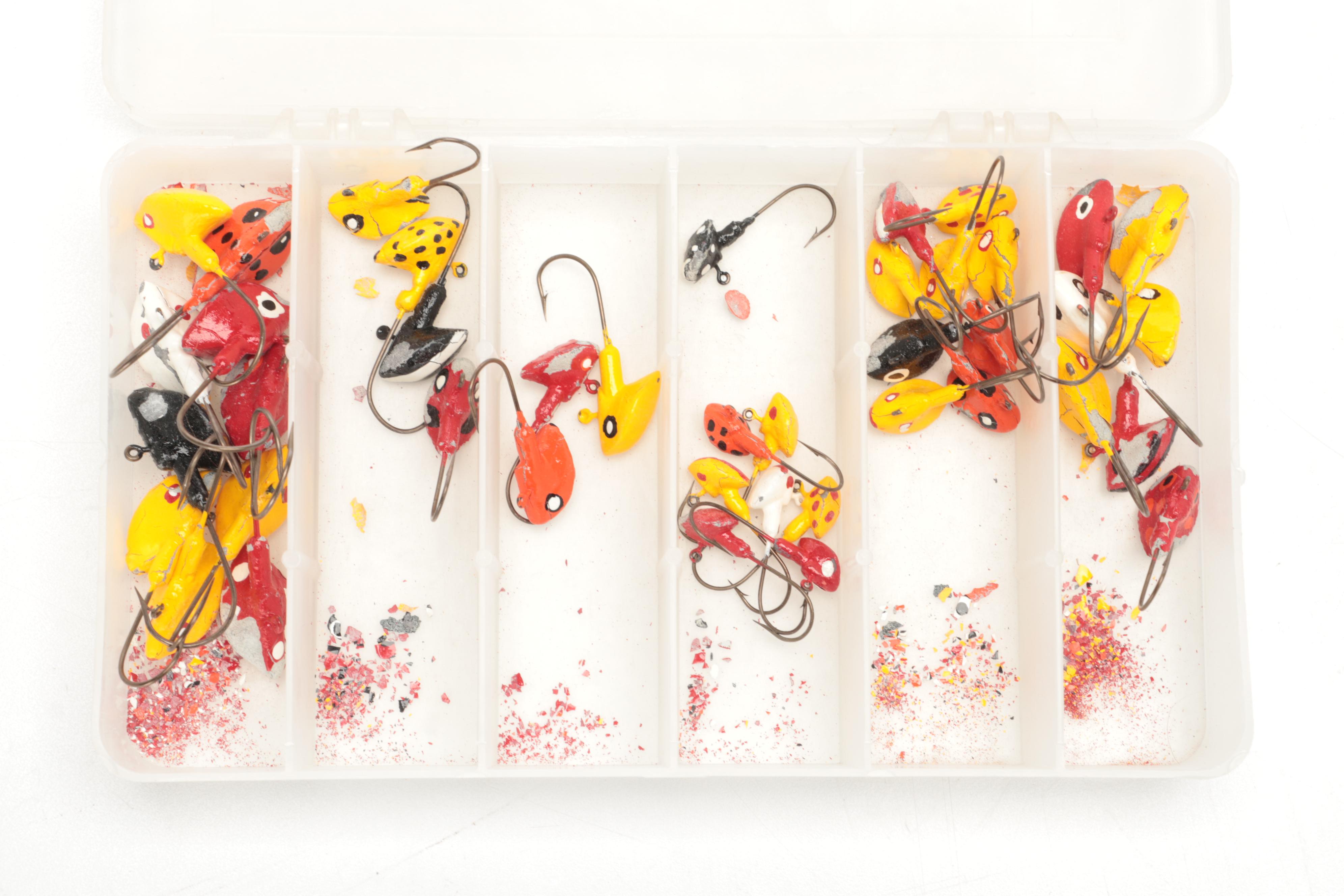 Hot-Shot M5 and Other Fishing Lures and Flies in Clear Tackle Boxes