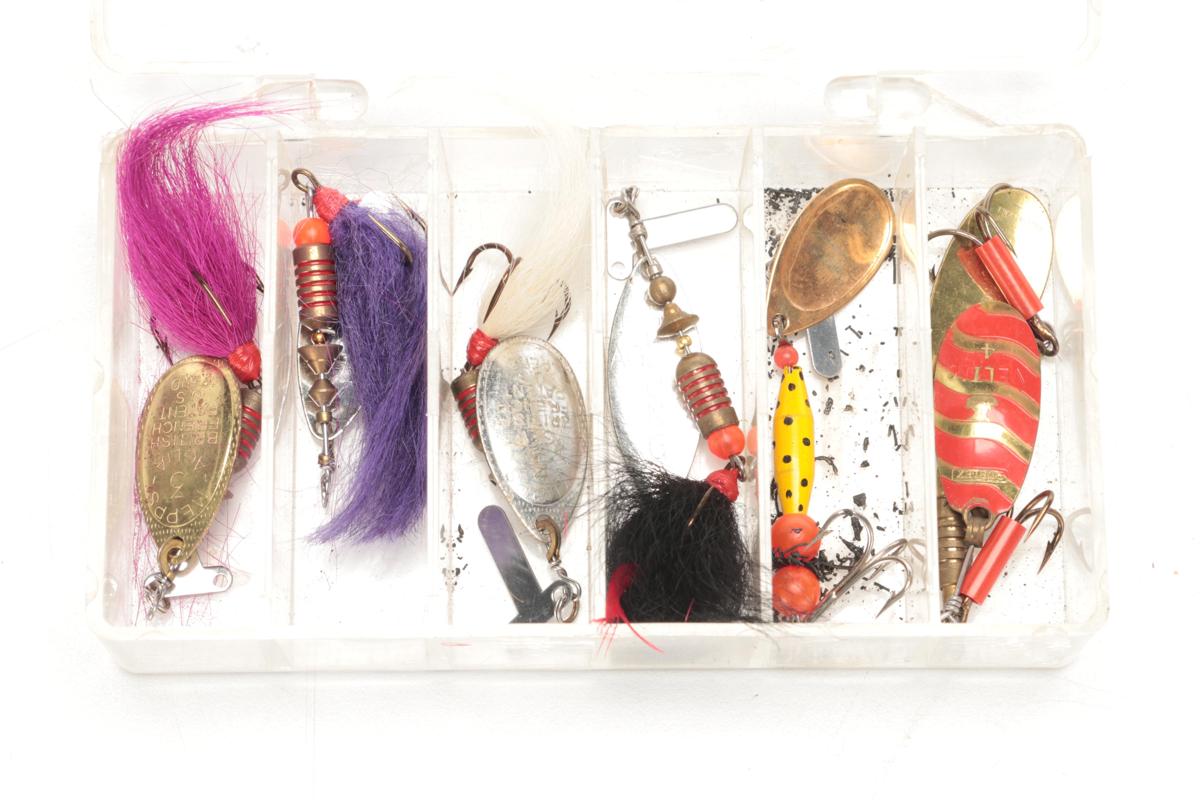 Hot-Shot M5 and Other Fishing Lures and Flies in Clear Tackle Boxes