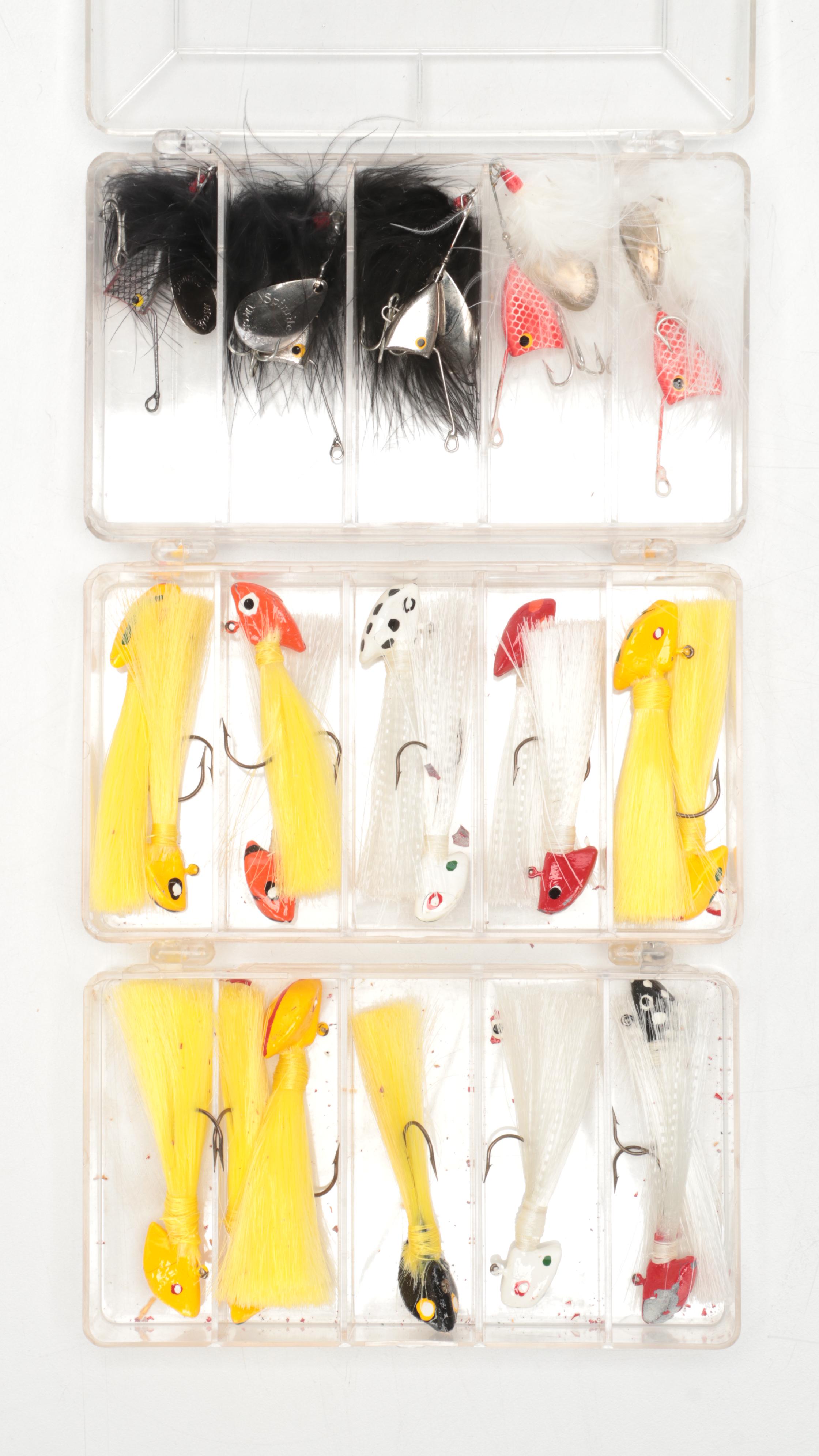 Hot-Shot M5 and Other Fishing Lures and Flies in Clear Tackle Boxes