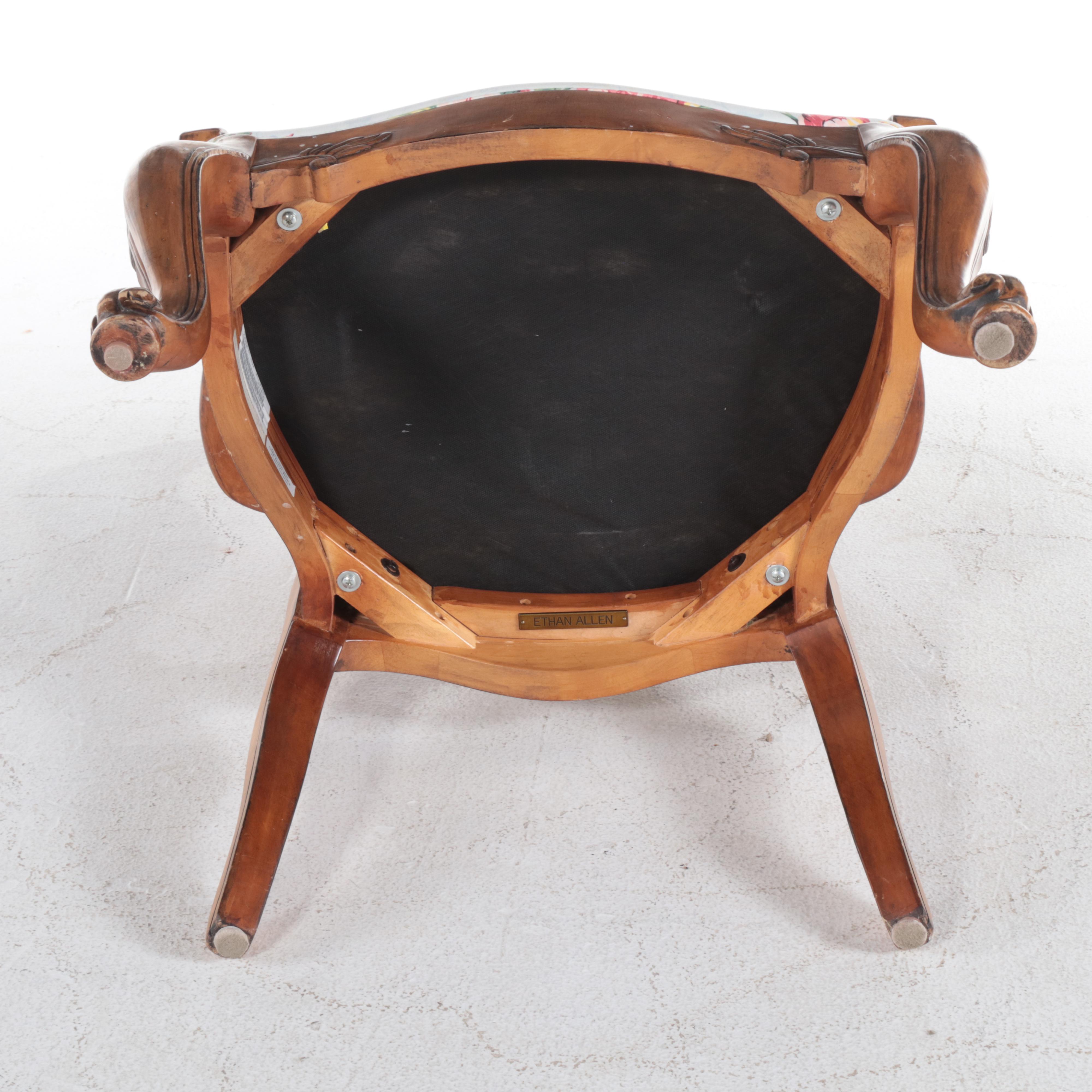 Pair of Ethan Allen French Provincial Style Custom-Upholstered Fauteuils