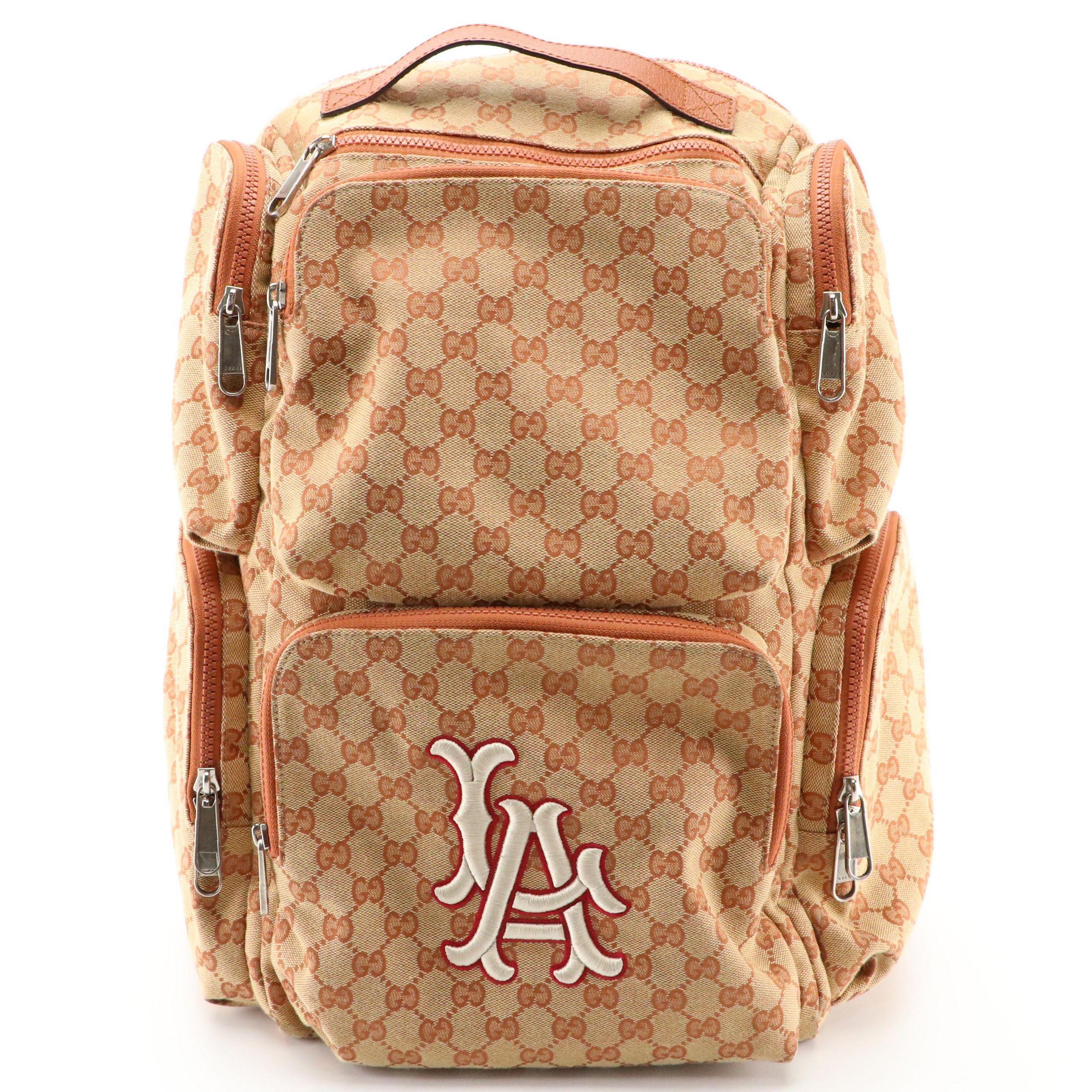 Gucci LA Dodgers Backpack in GG Canvas and Leather Trim