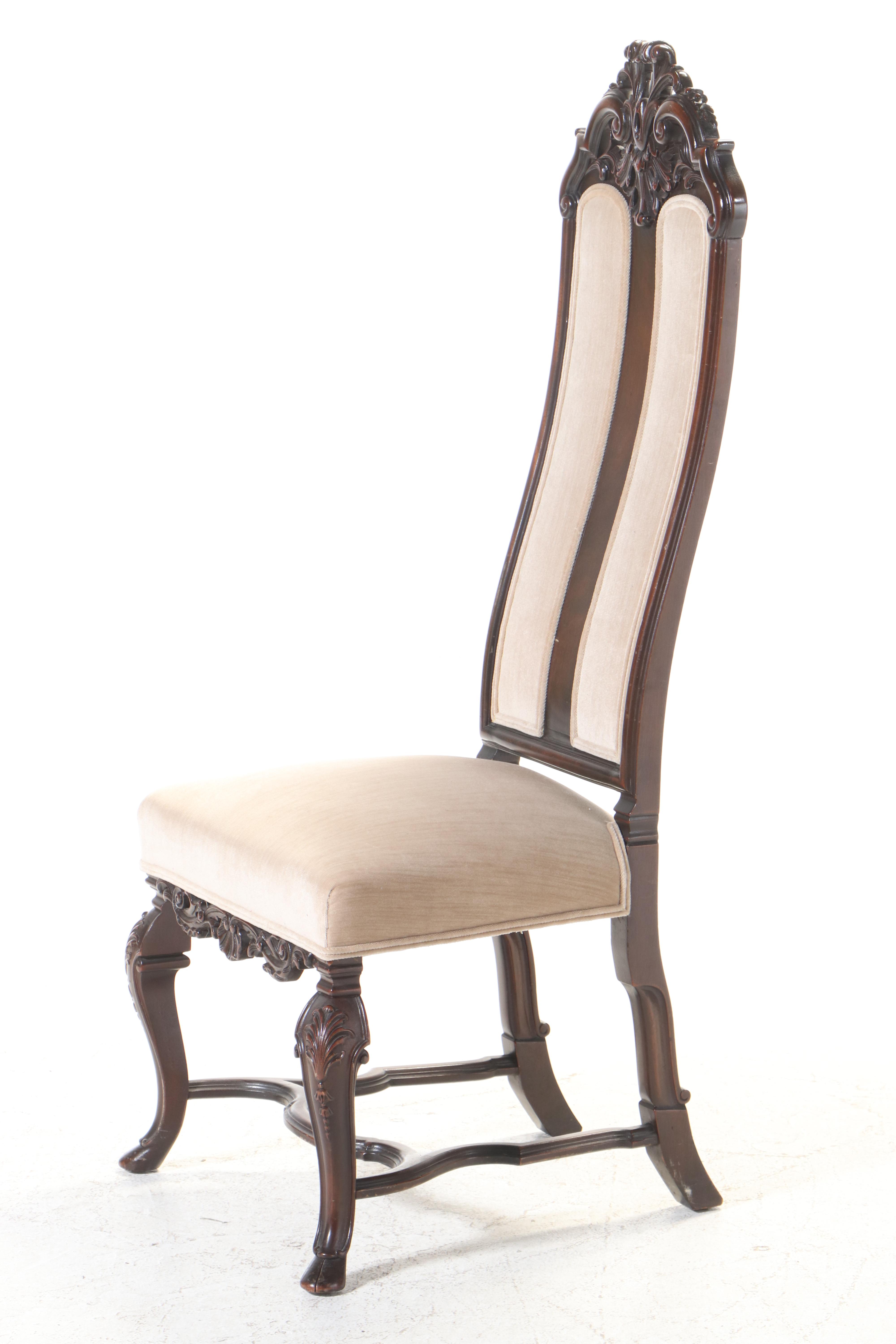 Baroque Revival Carved Walnut and Custom-Upholstered High-Back Side Chair