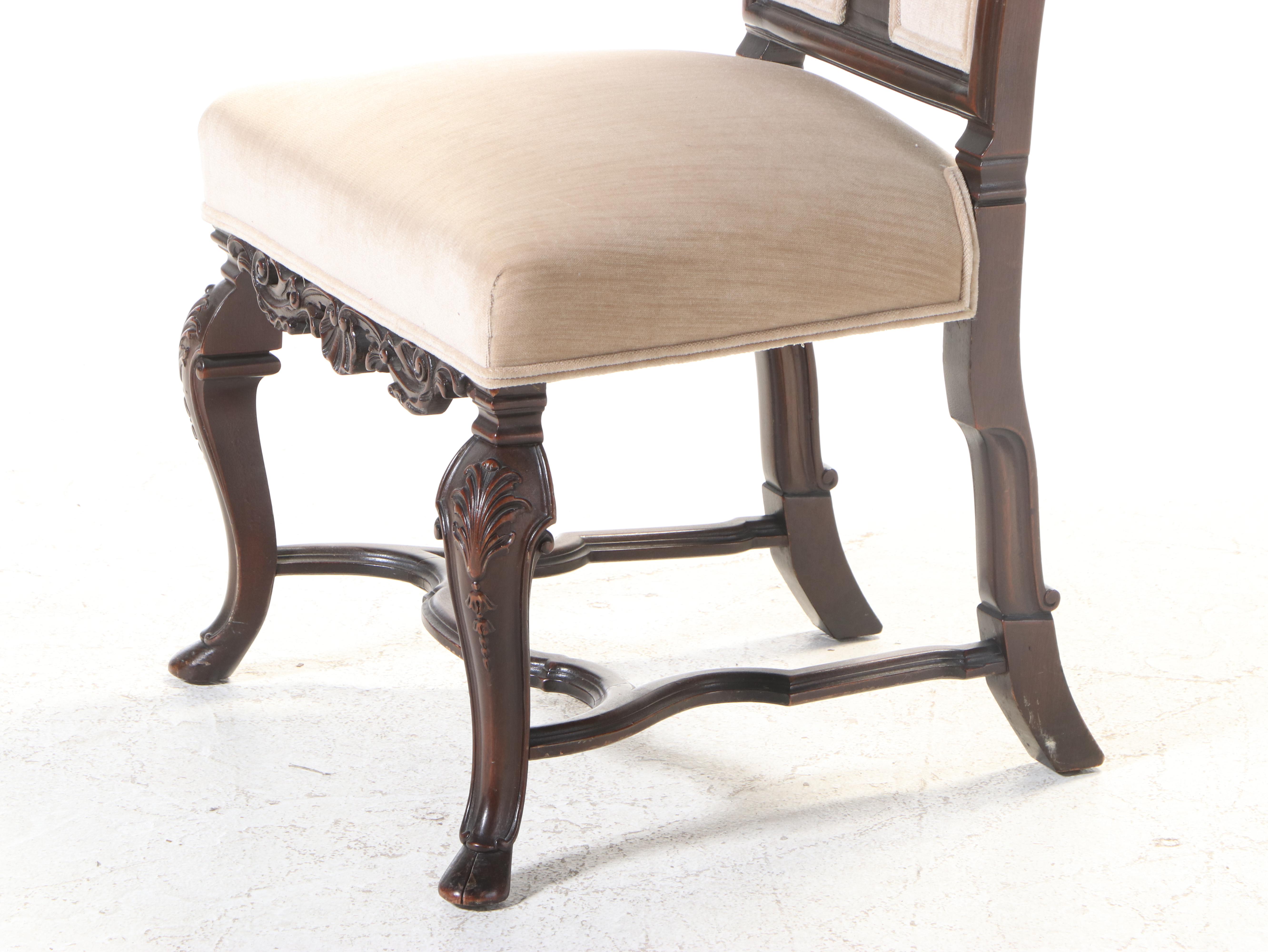 Baroque Revival Carved Walnut and Custom-Upholstered High-Back Side Chair