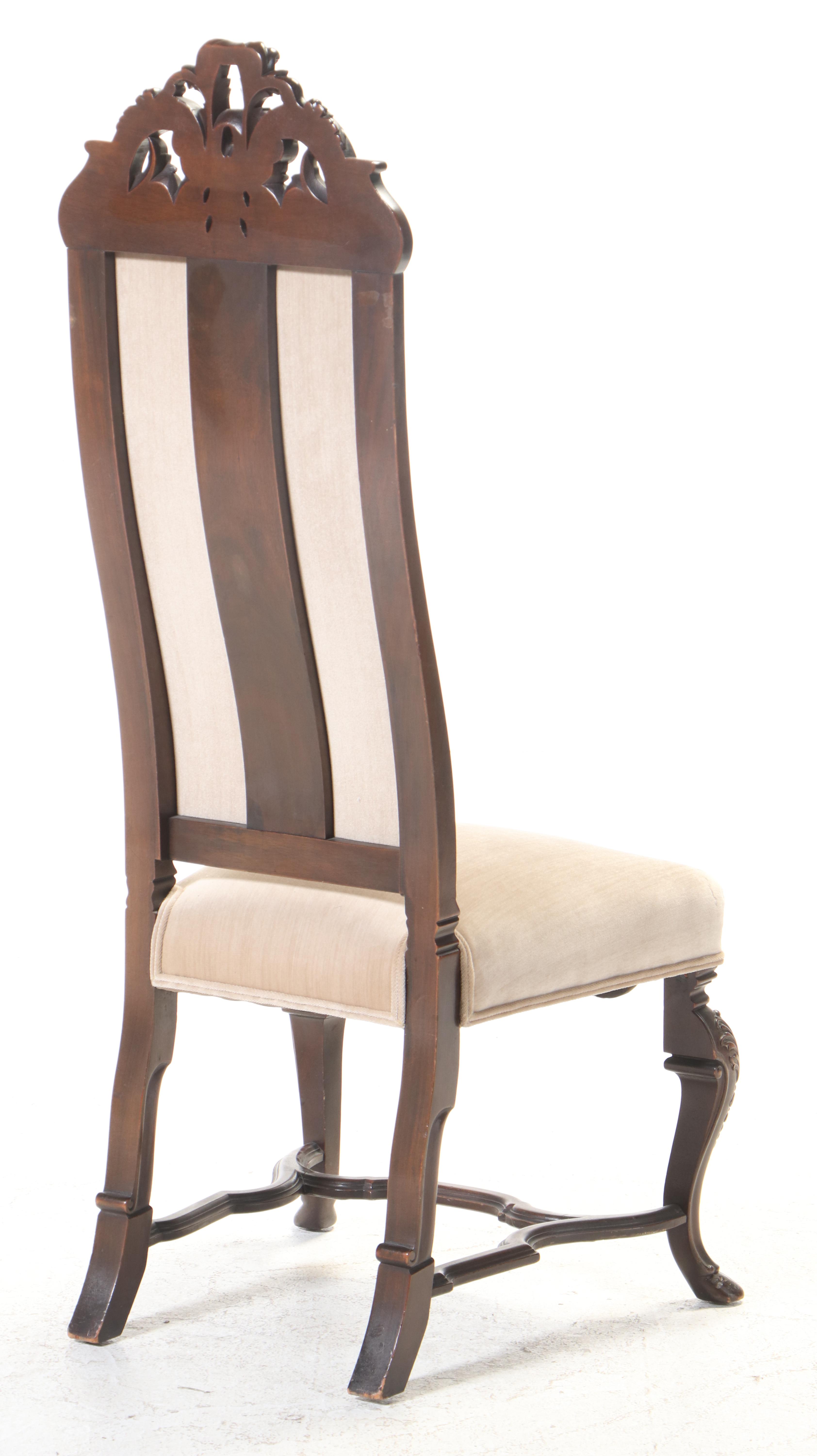 Baroque Revival Carved Walnut and Custom-Upholstered High-Back Side Chair