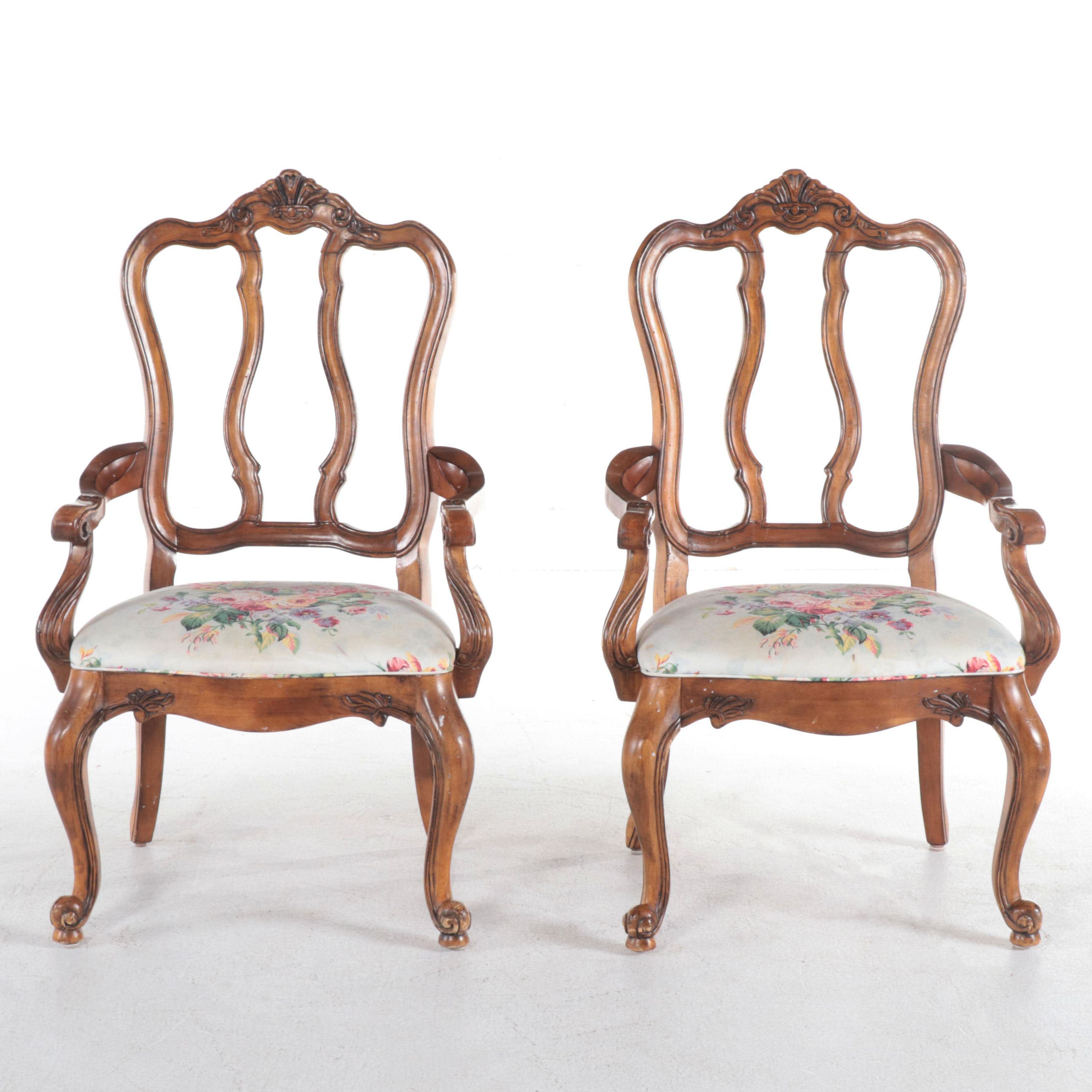 Pair of Ethan Allen French Provincial Style Custom-Upholstered Fauteuils
