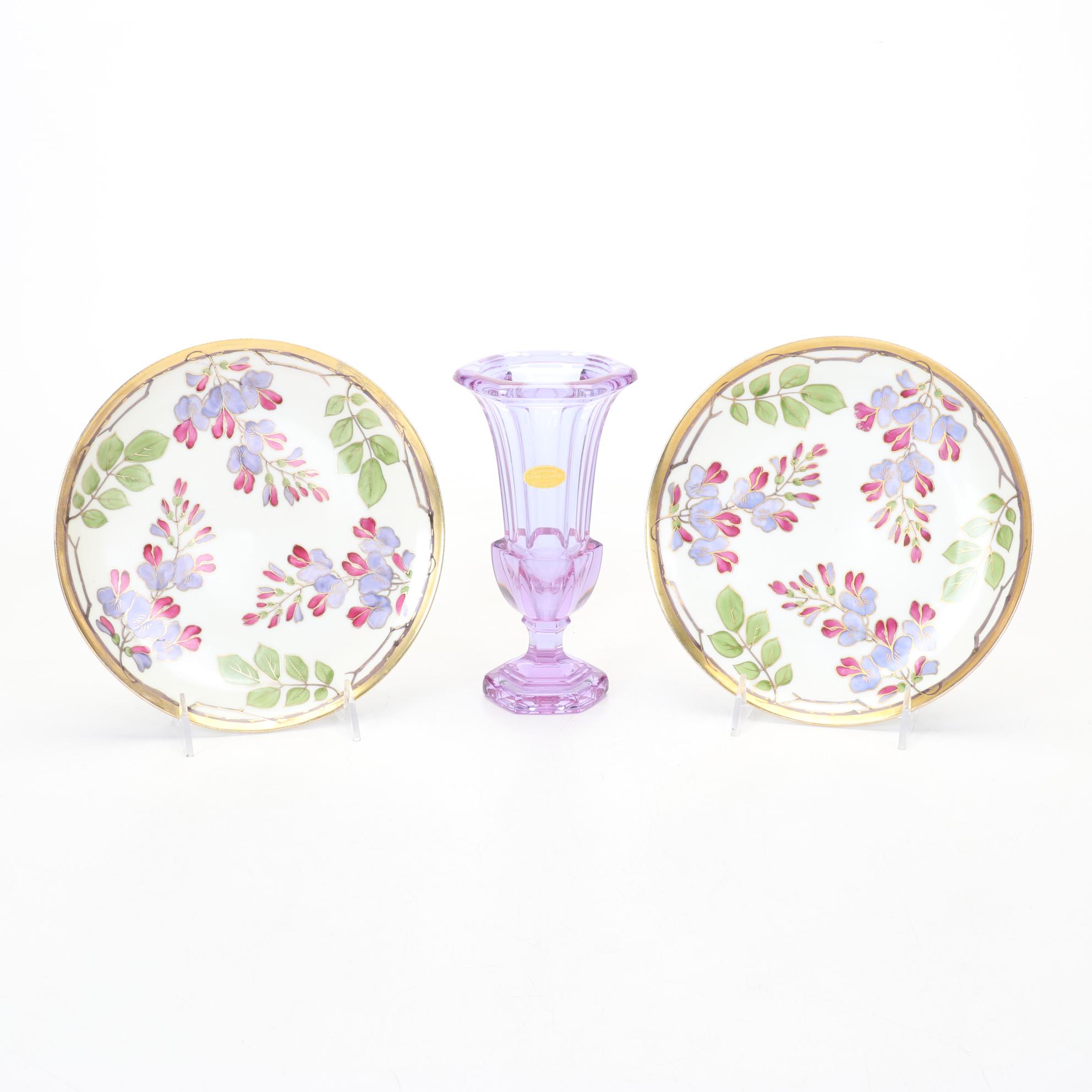 Limoges Hand-Painted Porcelain Plates with Purple Crystal Vase