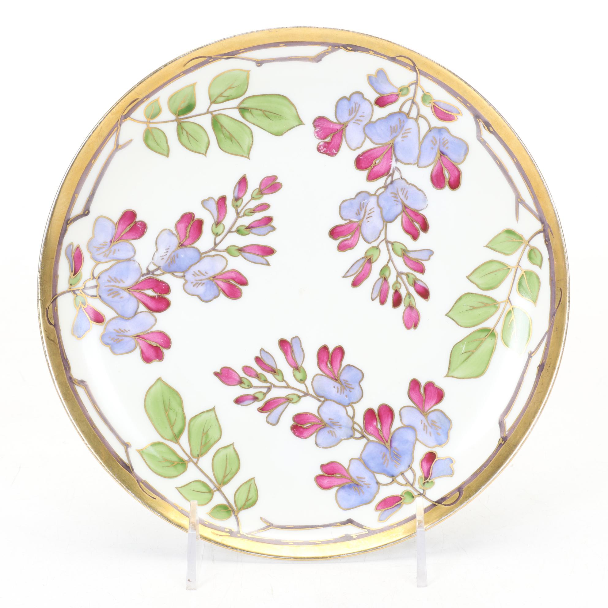 Limoges Hand-Painted Porcelain Plates with Purple Crystal Vase