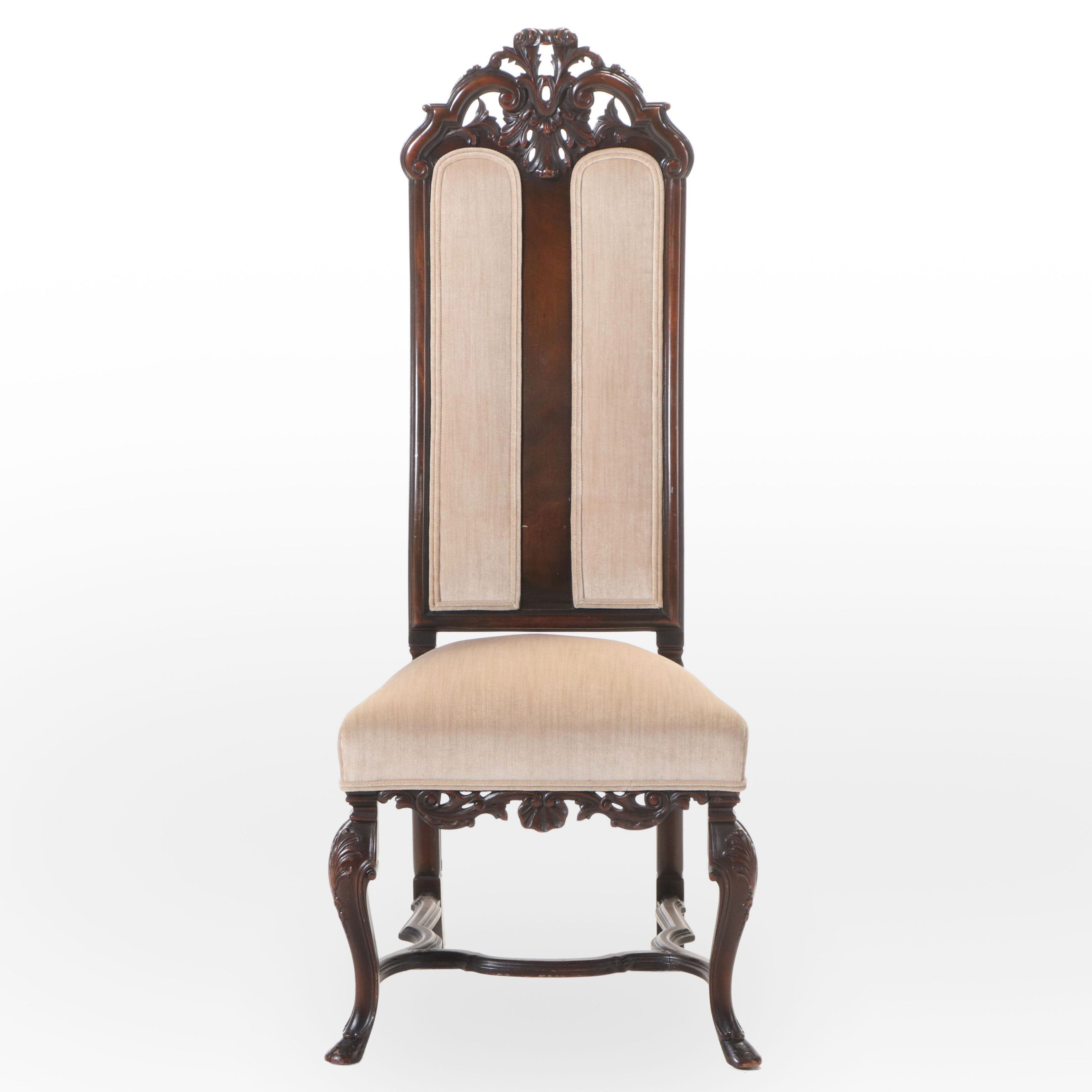 Baroque Revival Carved Walnut and Custom-Upholstered High-Back Side Chair