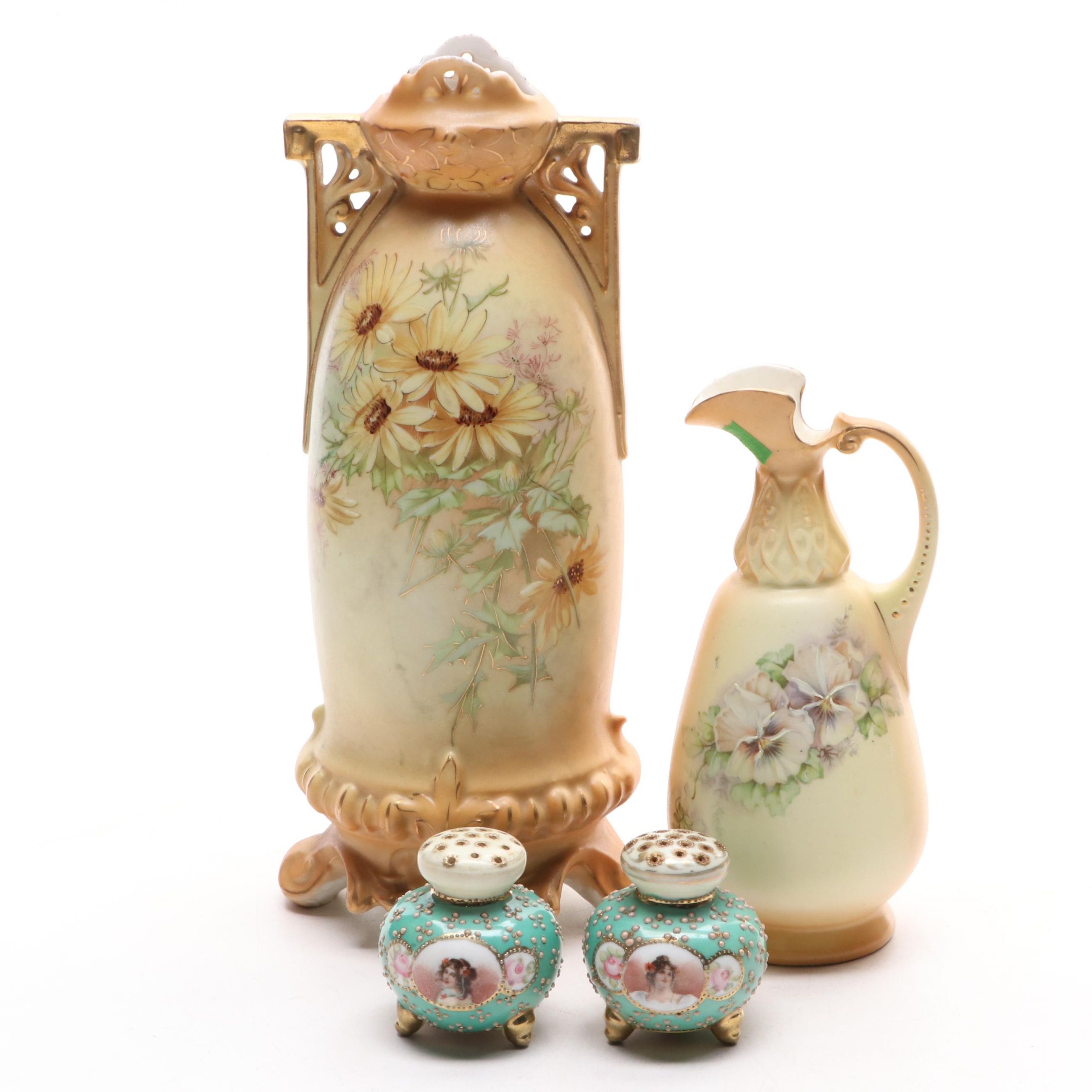 Robert Hanke Ewer and Vase with Other Hand Embellished Porcelain Shakers