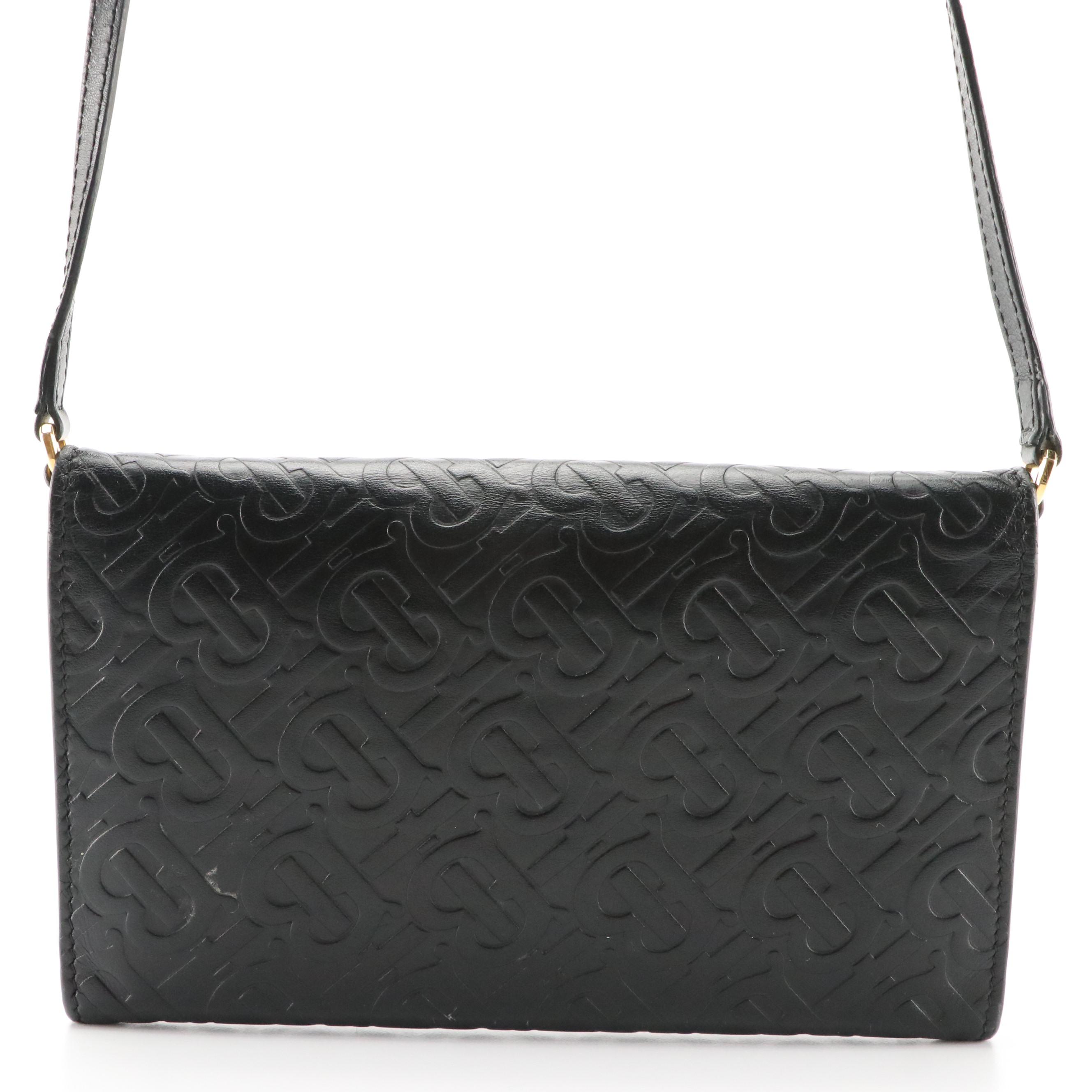 Burberry Black Hazelmere Monogram Embossed Leather Crossbody Wallet On Strap