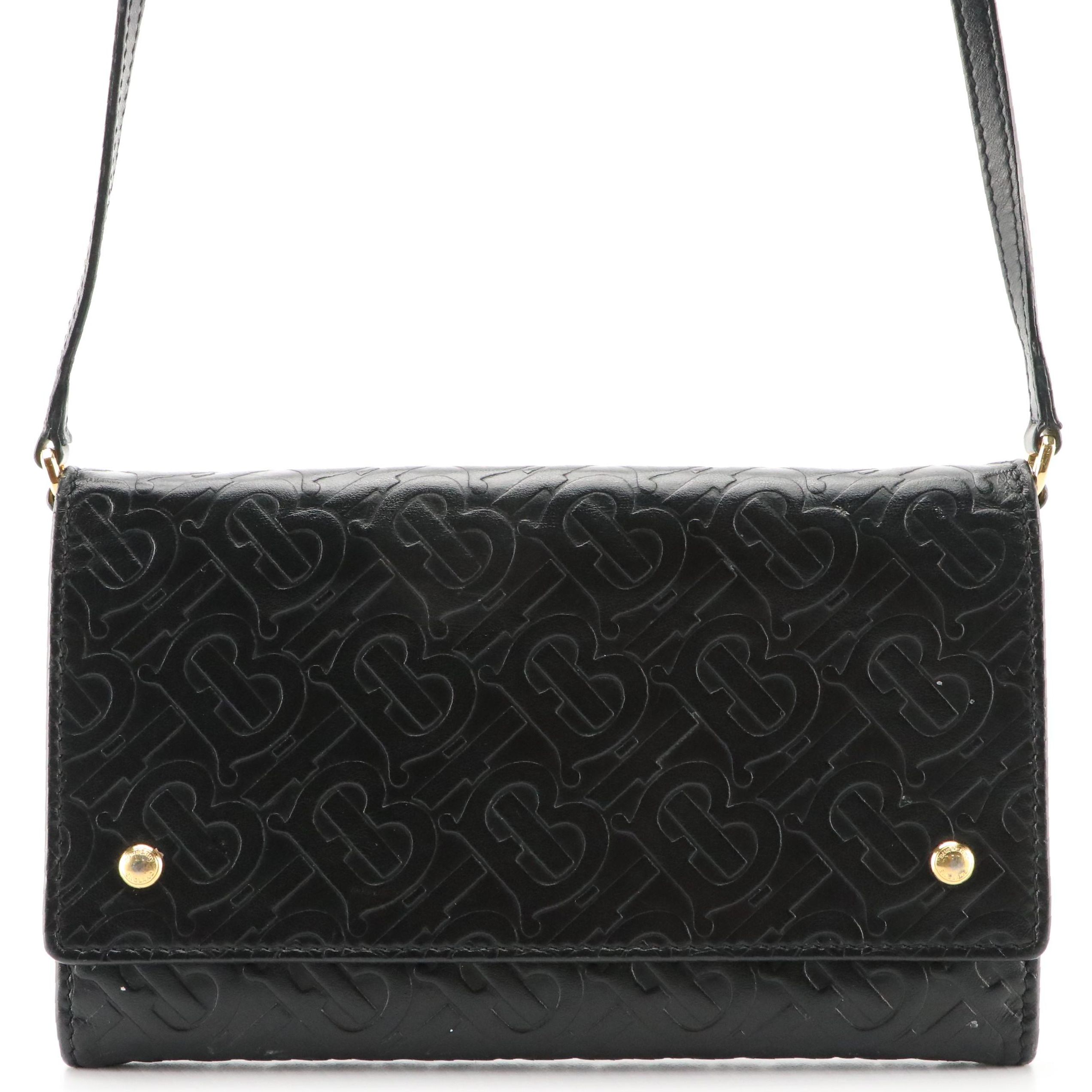 Burberry Black Hazelmere Monogram Embossed Leather Crossbody Wallet On Strap