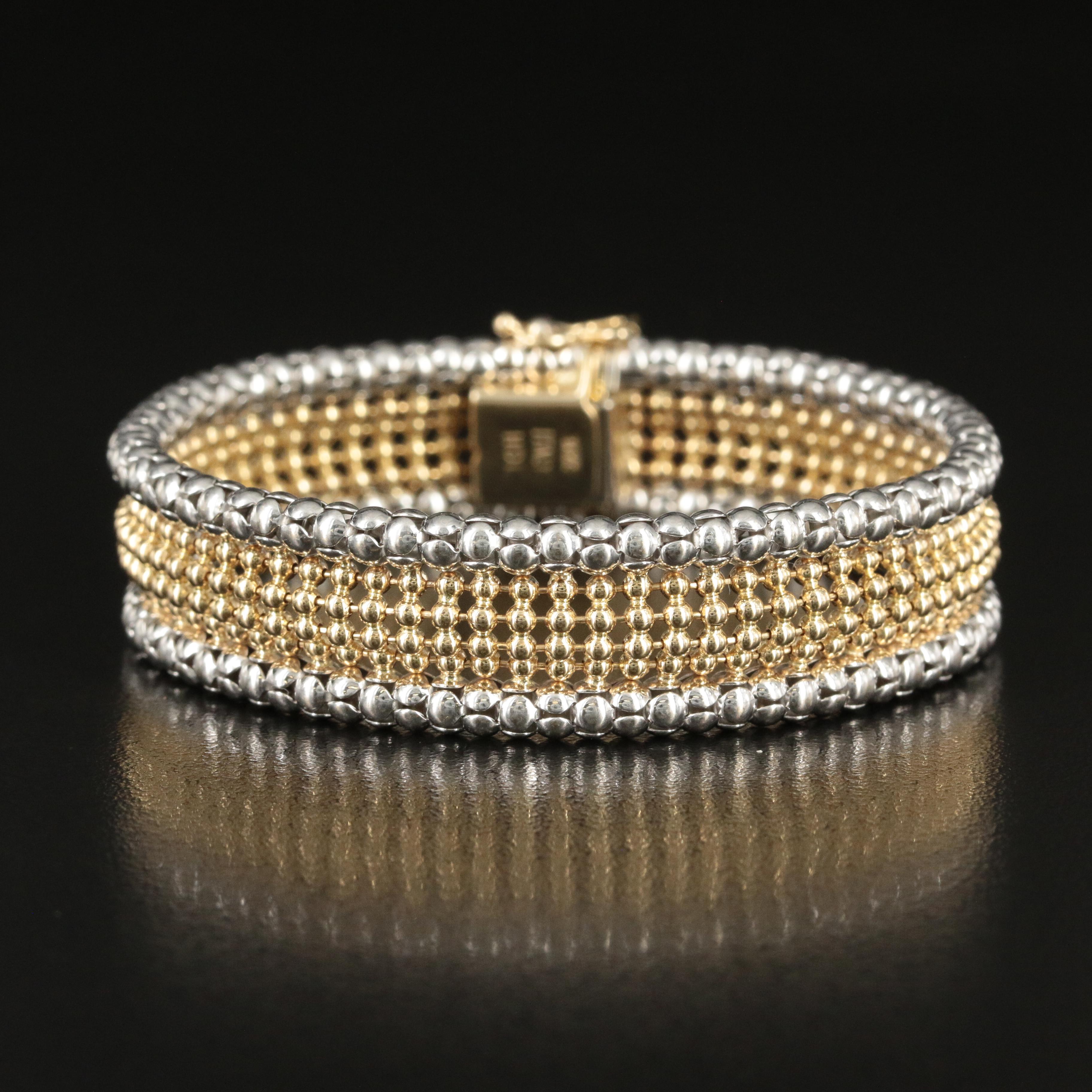 Italian 14K Two-Tone Bead and Popcorn Chain Bracelet