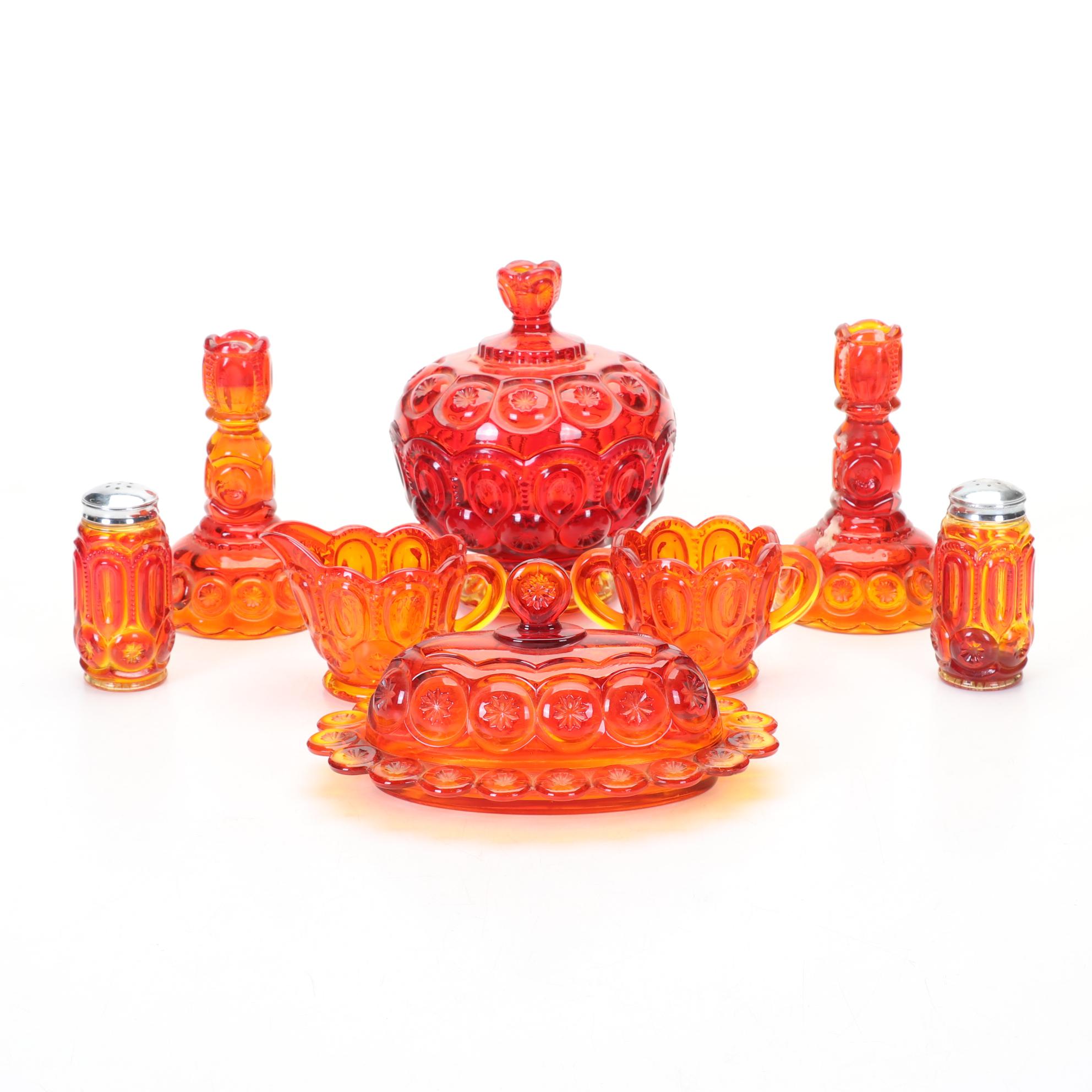 L.G. Wright "Moon and Stars" Amberina Glass Lidded Dish, Candlesticks, and More