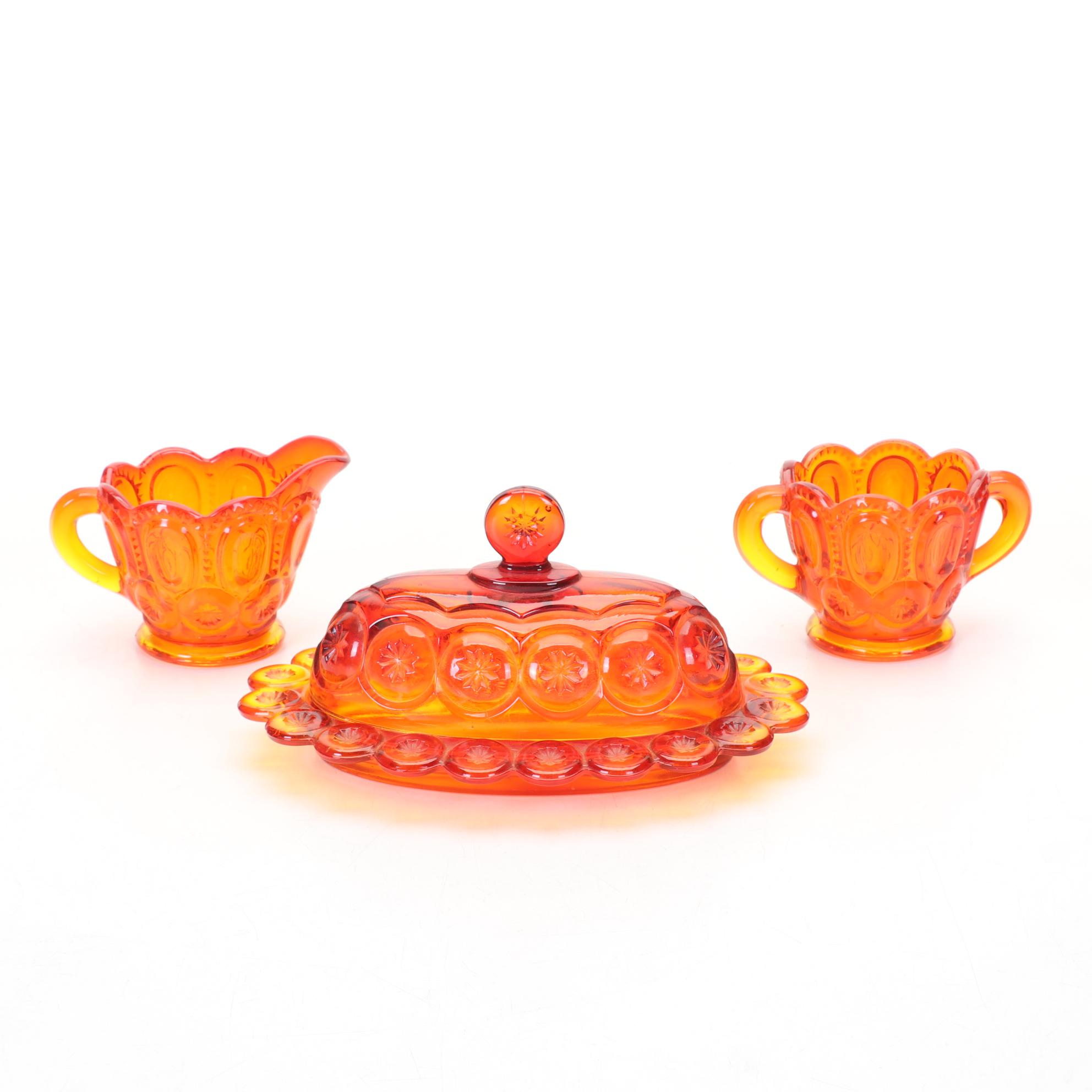 L.G. Wright "Moon and Stars" Amberina Glass Lidded Dish, Candlesticks, and More
