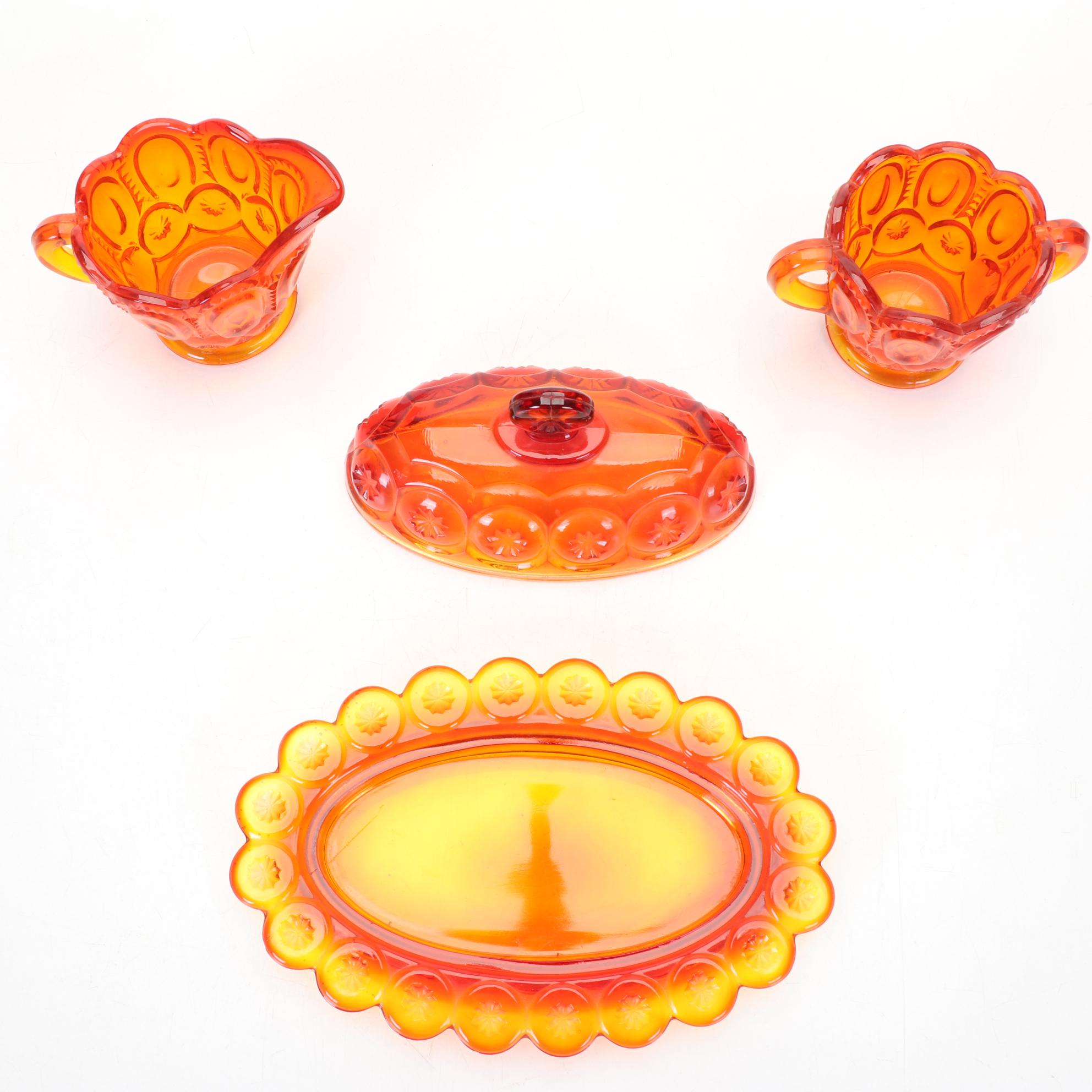 L.G. Wright "Moon and Stars" Amberina Glass Lidded Dish, Candlesticks, and More