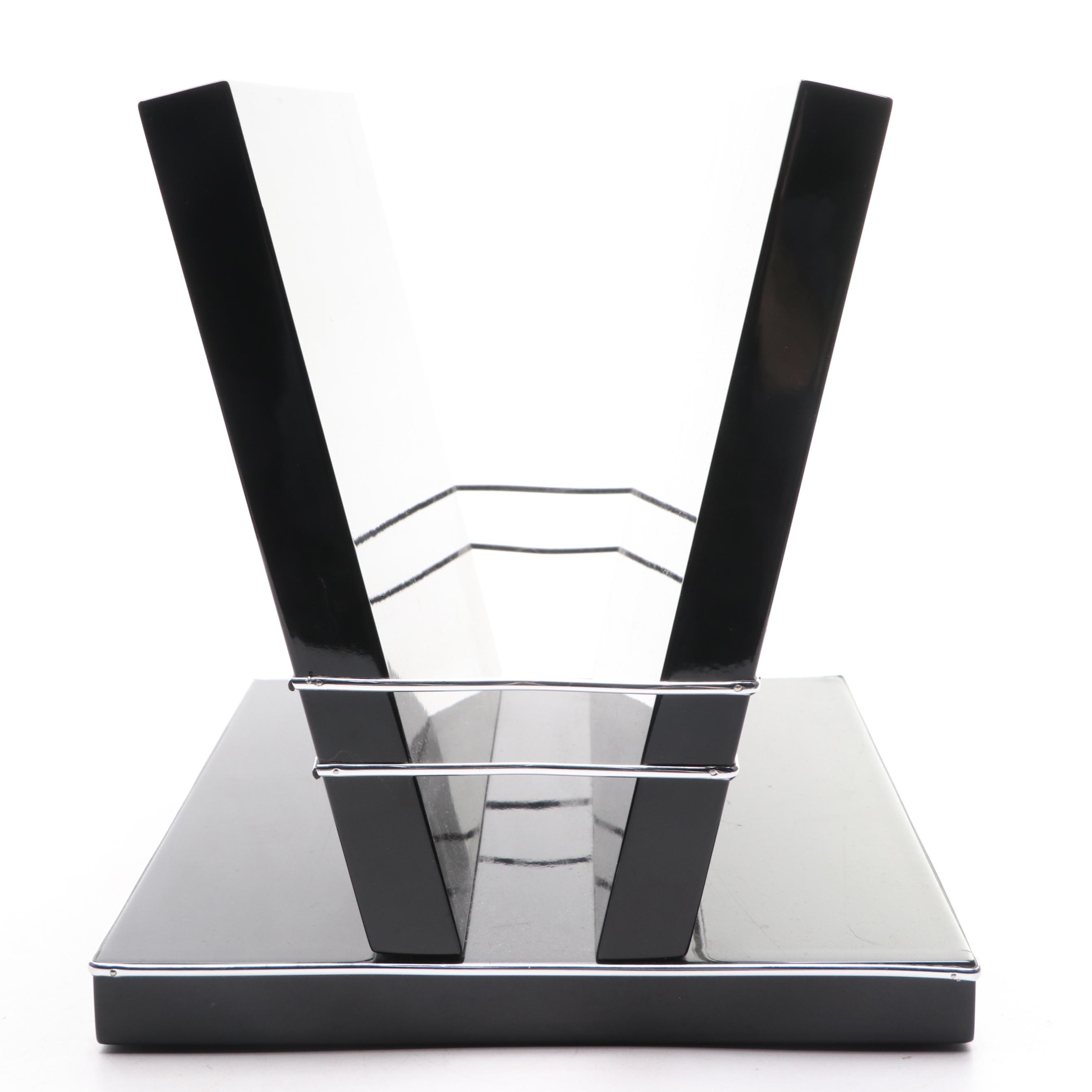 Art Deco High Gloss Black Lacquer and Chrome Magazine Rack
