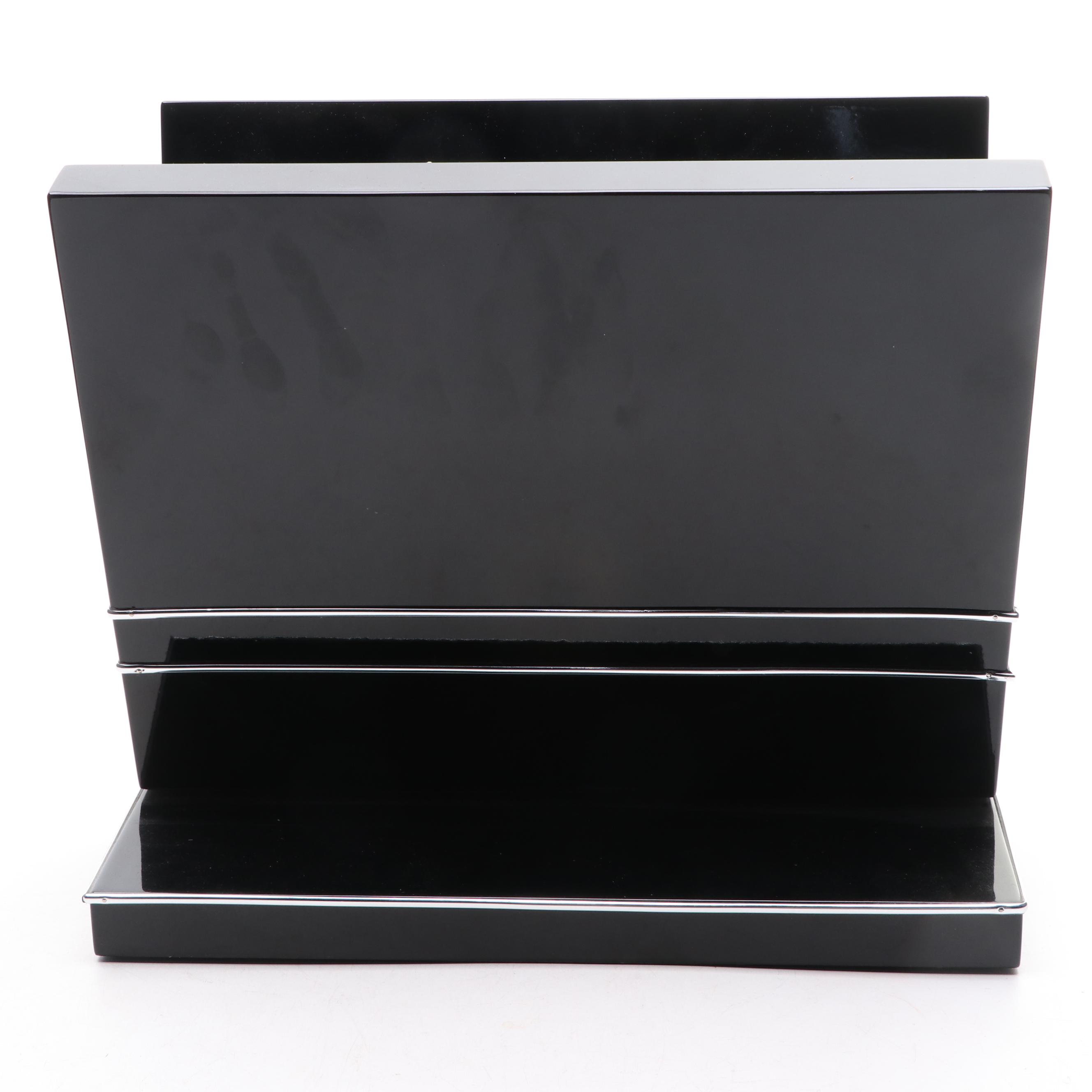 Art Deco High Gloss Black Lacquer and Chrome Magazine Rack