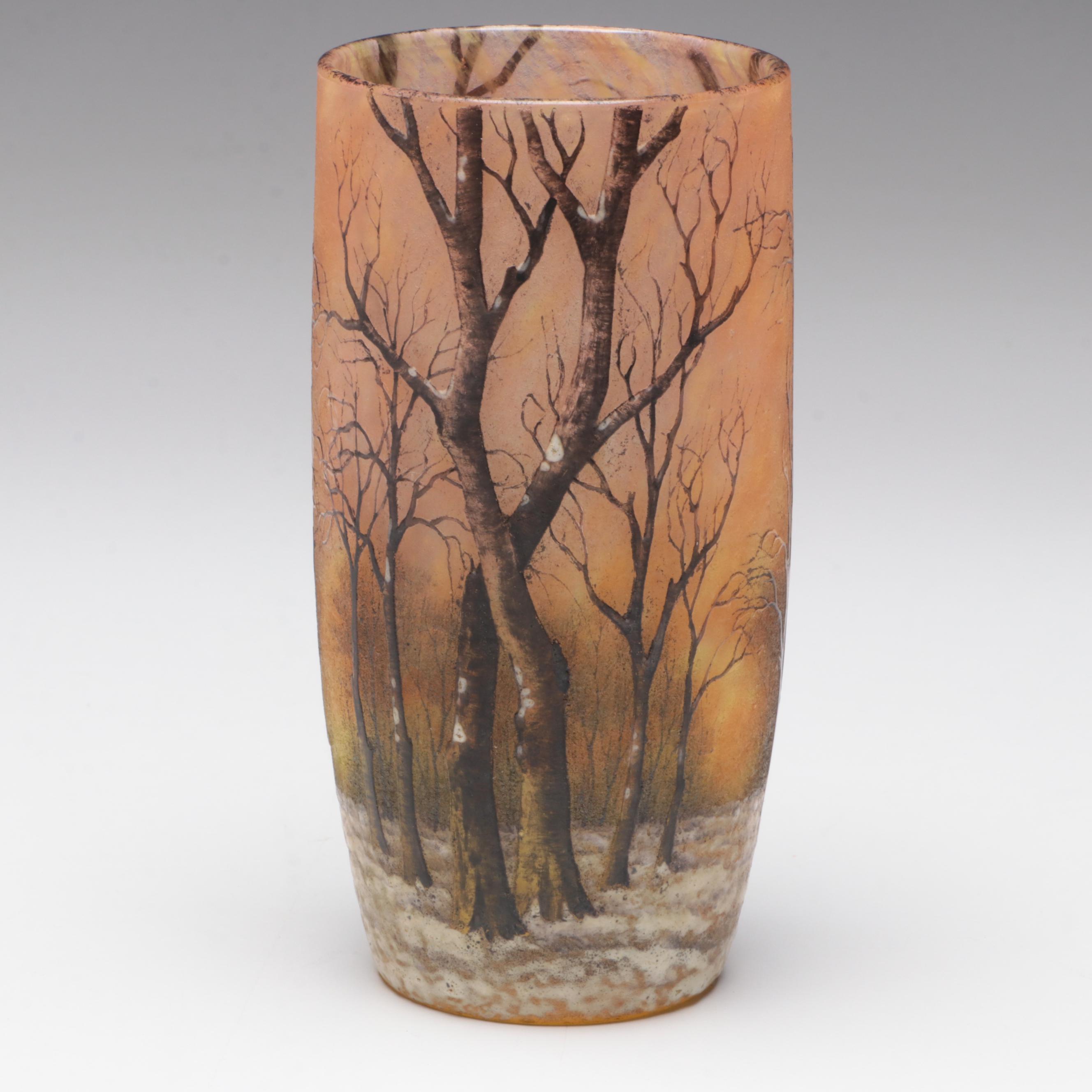 Daum Nancy Art Nouveau "Snowy Forest" Enameled Glass Vase