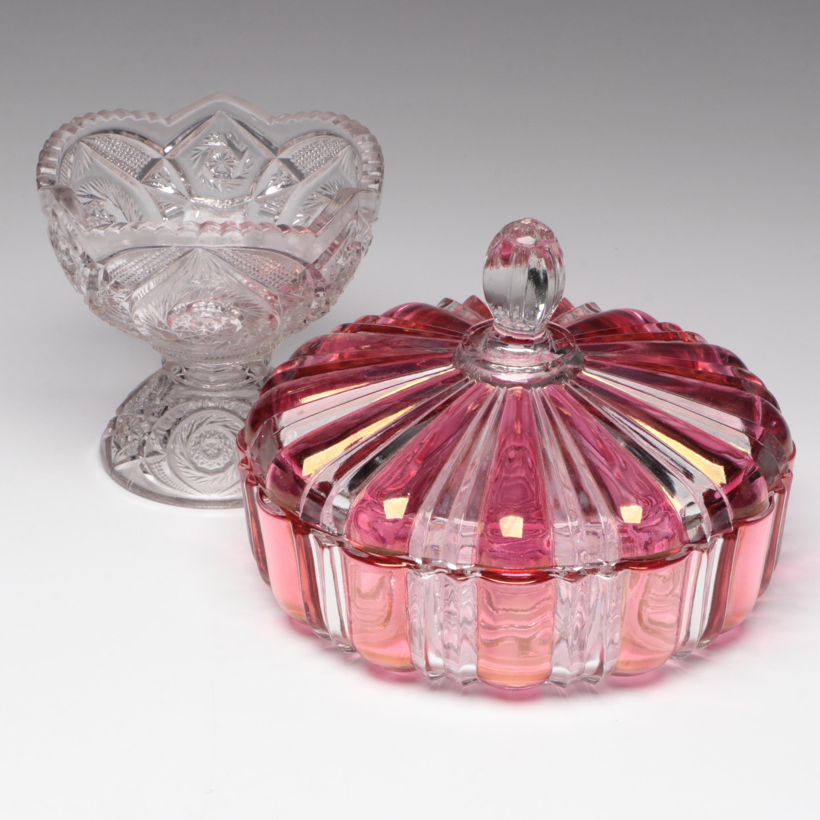 Cranberry and Clear Glass Candy Dish with Other Clear Glass Compote
