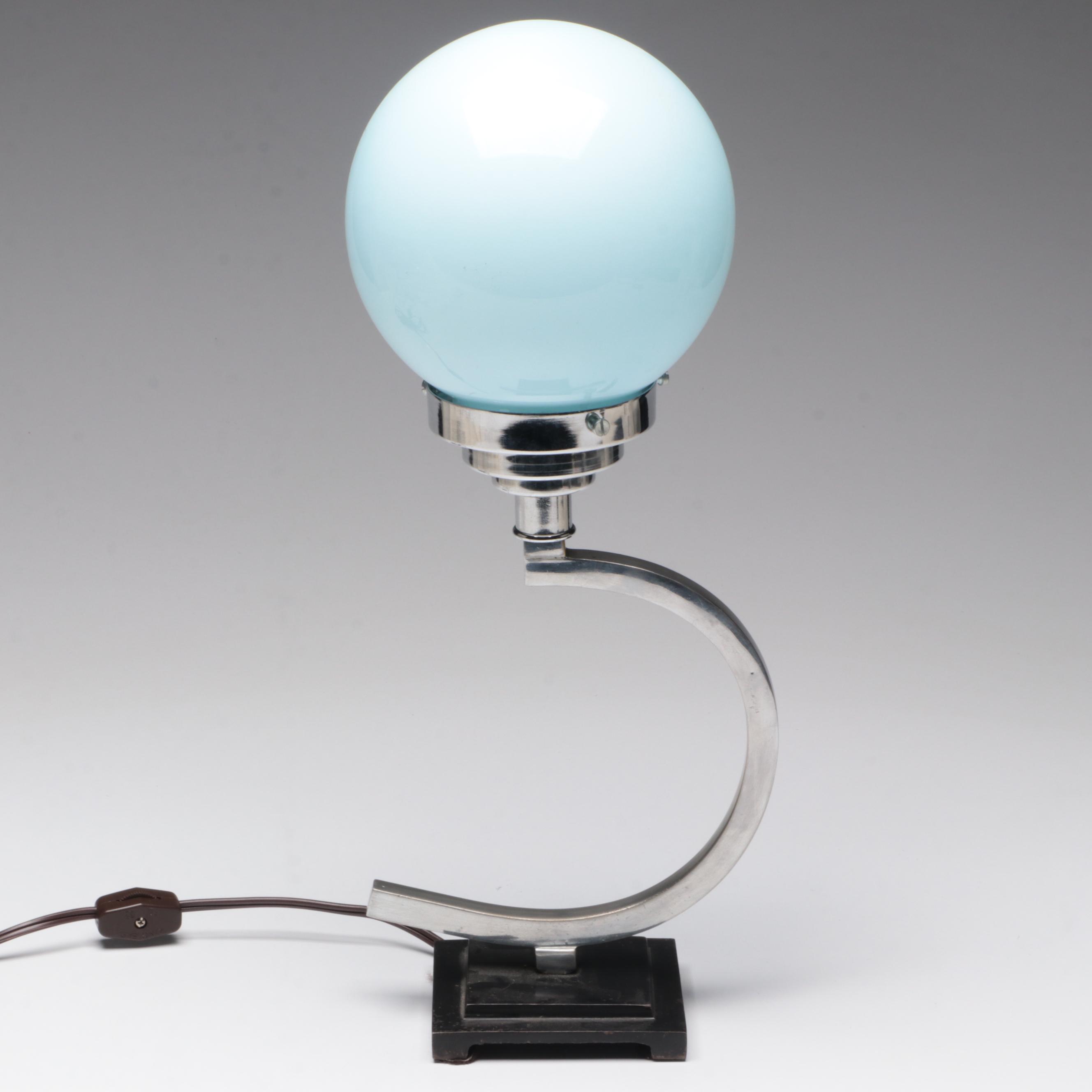Glass Globe and Chrome Table Lamp Attributed to Christian Dell