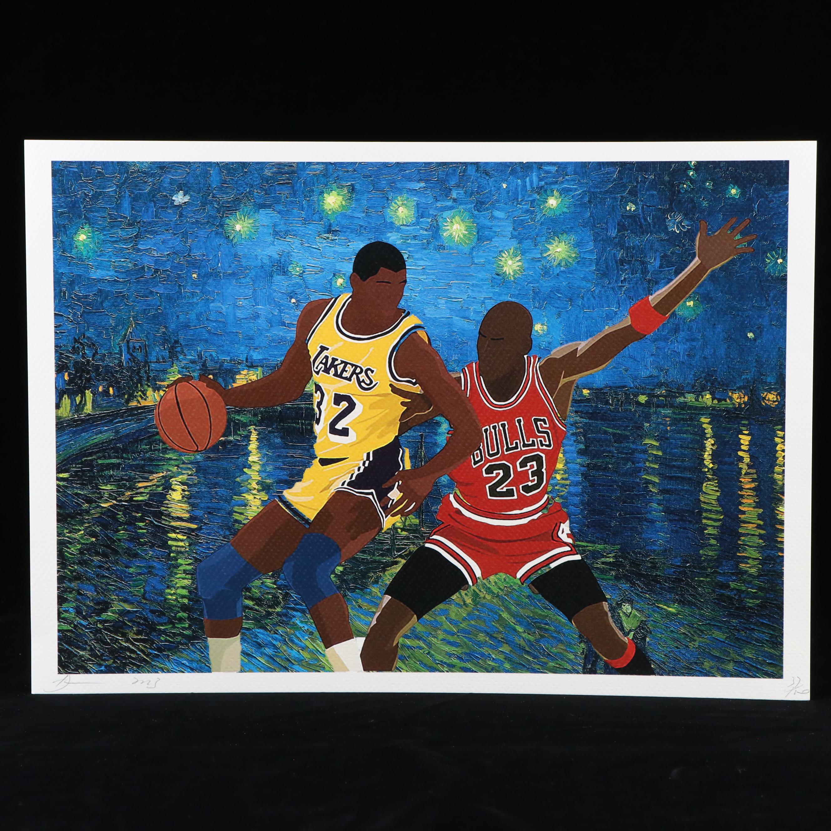 Death NYC Pop Art Graphic Print of Magic Johnson & MIchael Jordan x Starry Night