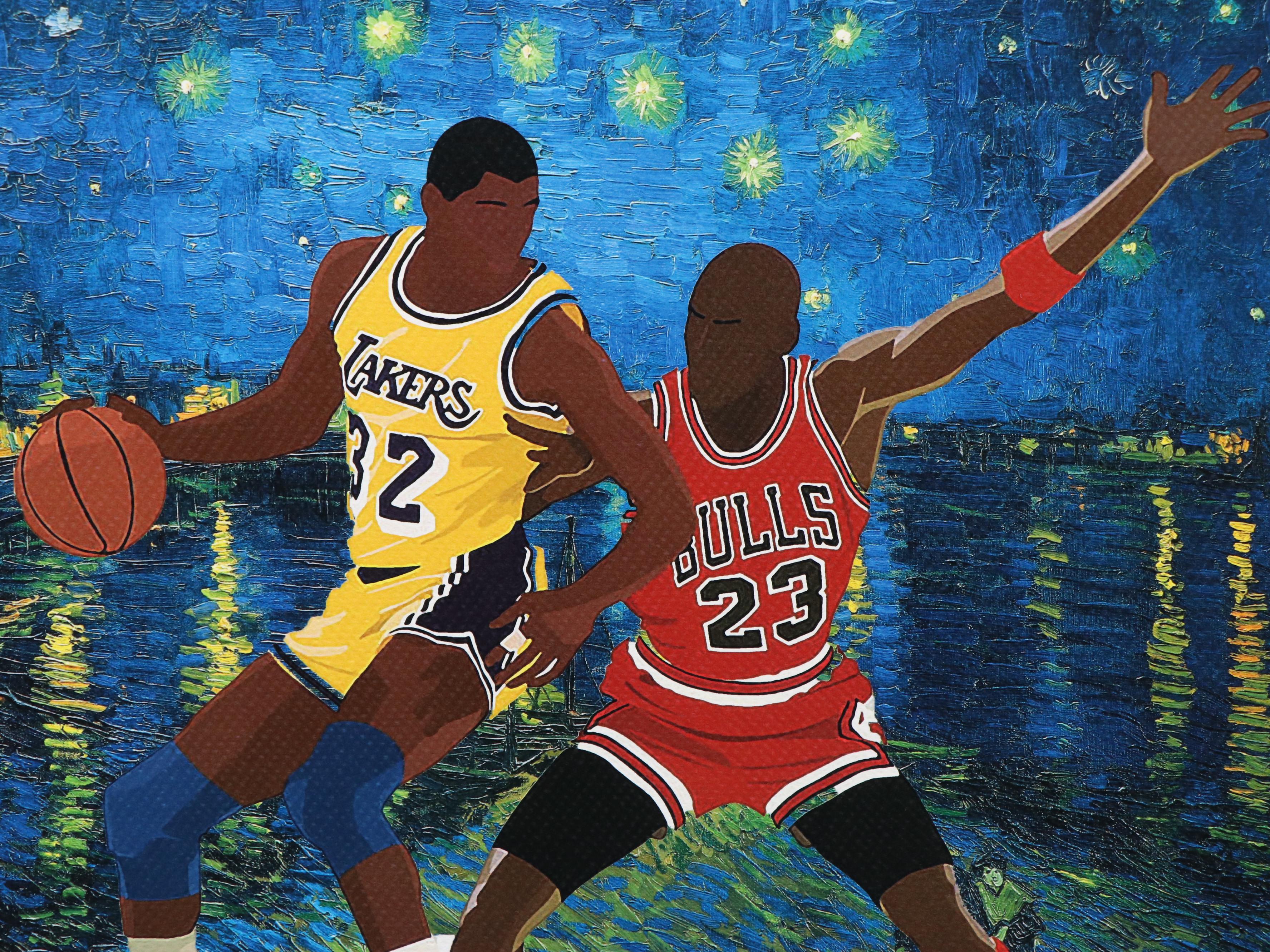 Death NYC Pop Art Graphic Print of Magic Johnson & MIchael Jordan x Starry Night