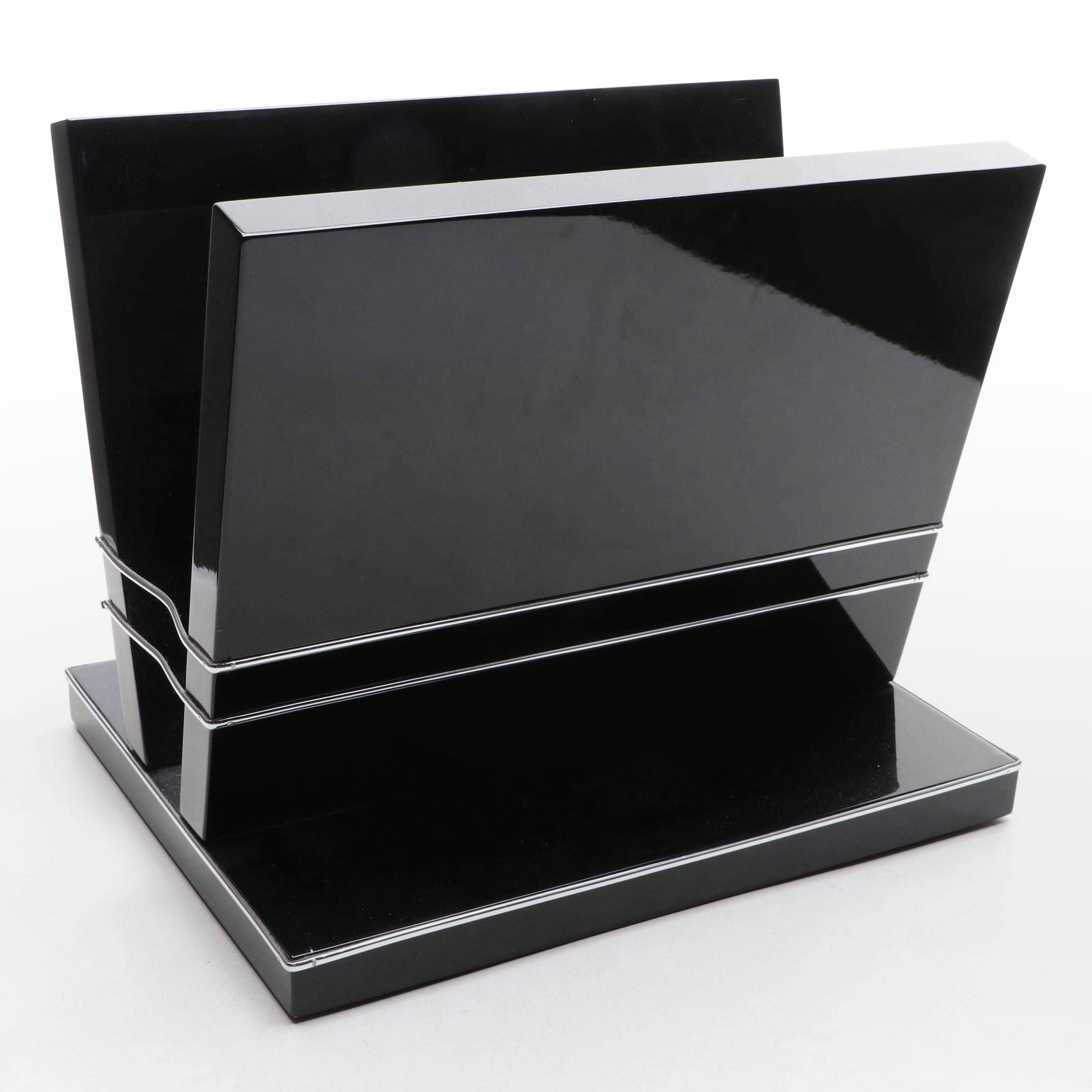 Art Deco High Gloss Black Lacquer and Chrome Magazine Rack